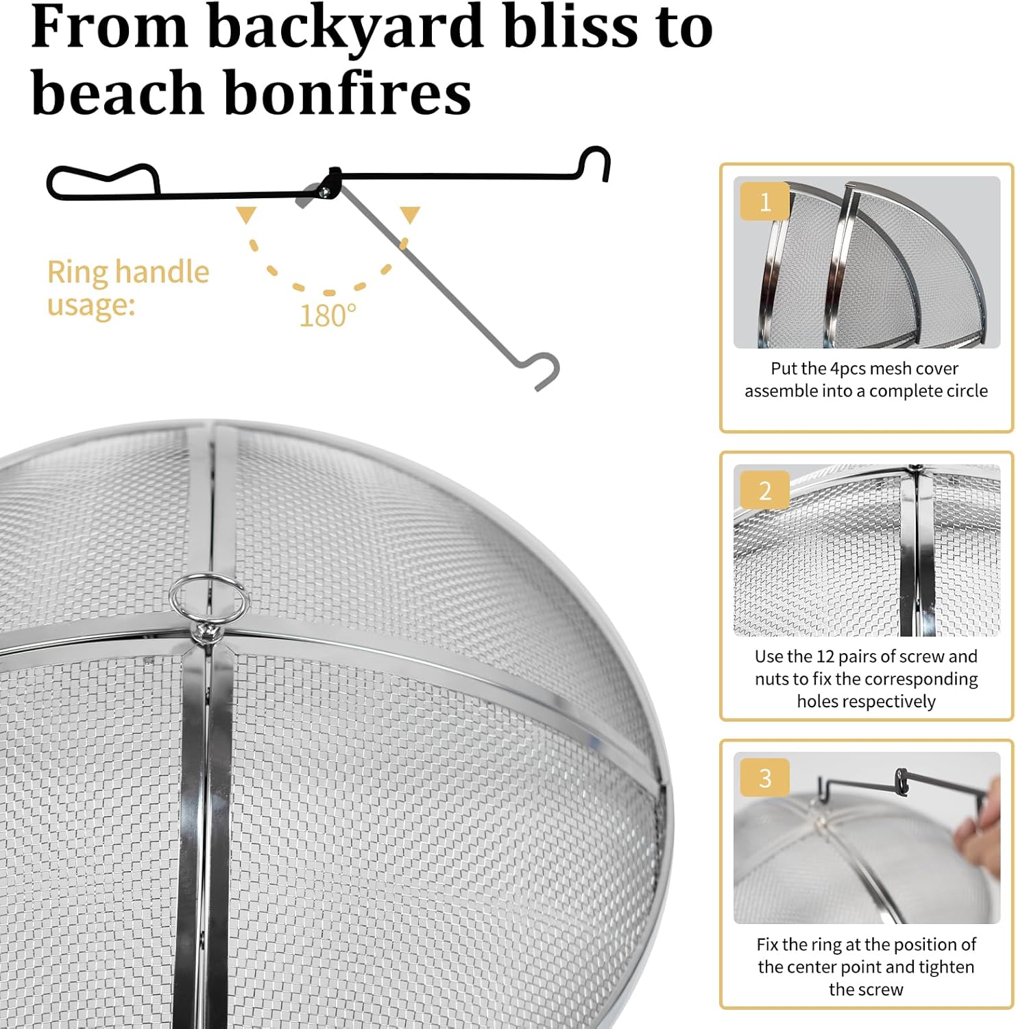 Fire Pit Spark Screen Compatible with Solo Stove Yukon, 27 inch Stainless Steel Mesh Fire Pit Screen Shield for Solo Stove Yukon Accessories with Fire Poker & Toasted Marshmallow Sticks