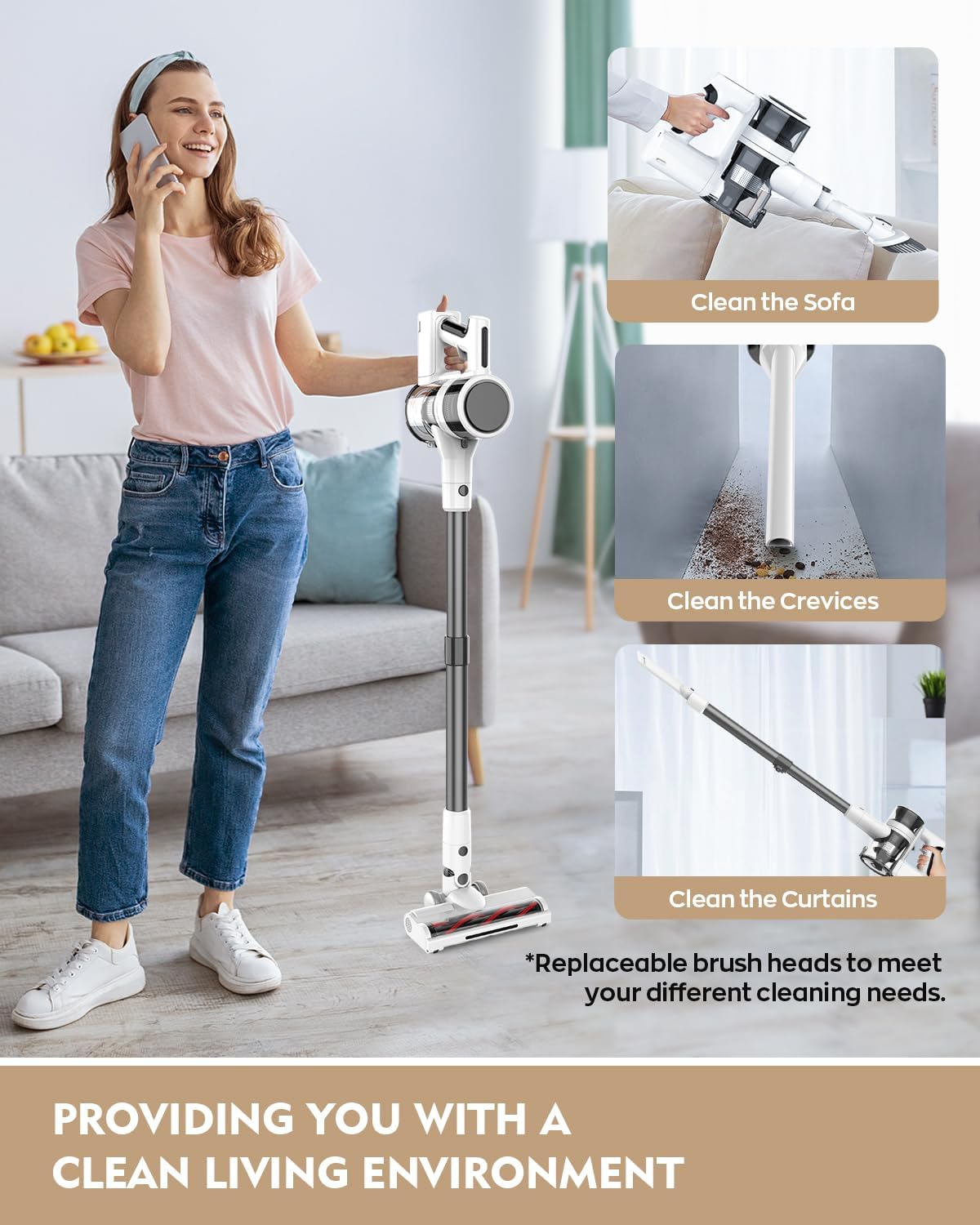 Cordless Vacuums, 80,000PRM Powerful Motor Vacuum Cleaner and 2200mAH Rechargeable Battery up to 35 Mins Worktime, 2 Adjustable Modes, Detachable Parts, Wireless Stick Vacuum (Night White)