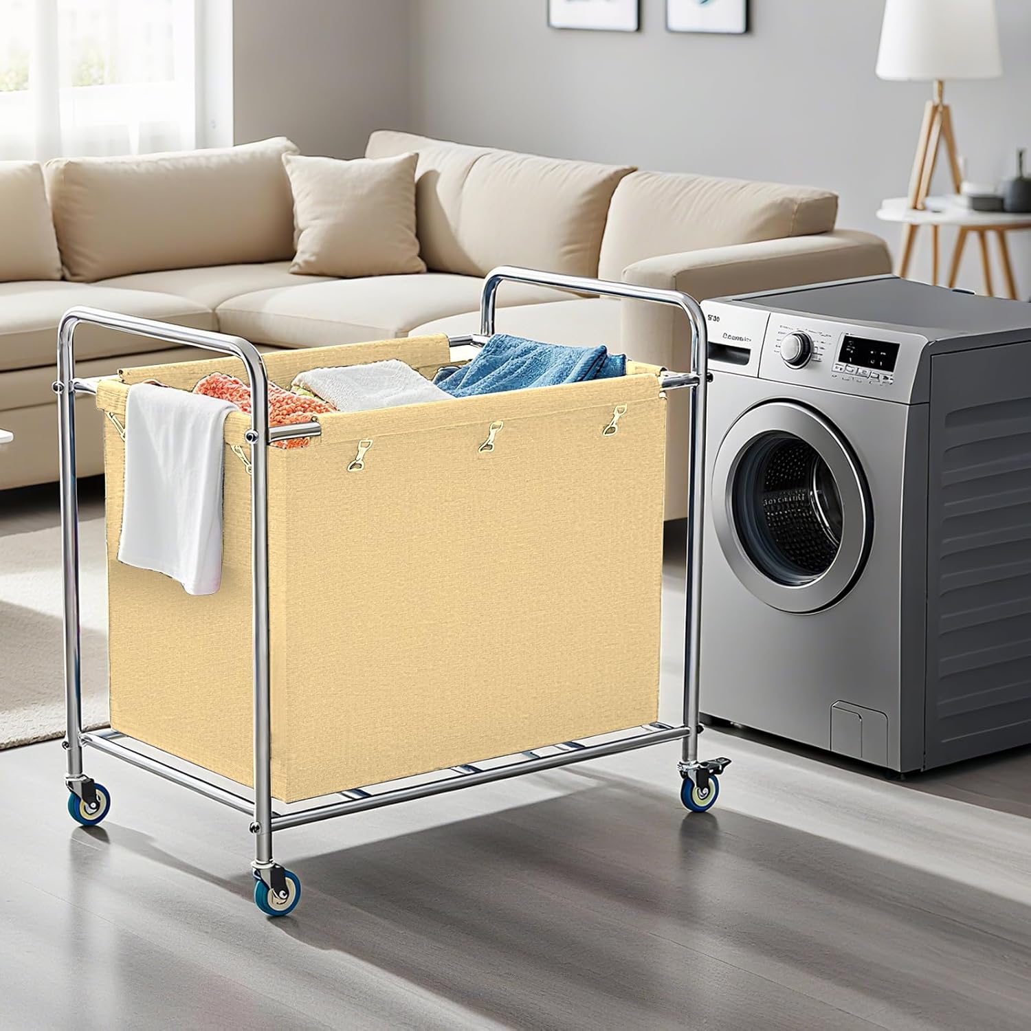 Commercial Laundry Cart with Wheels, 400L Heavy Duty Laundry Cart on Wheels for Home & Hotel, Waterproof Oxford, Sturdy Steel Frame, Easy to Install(Beige)