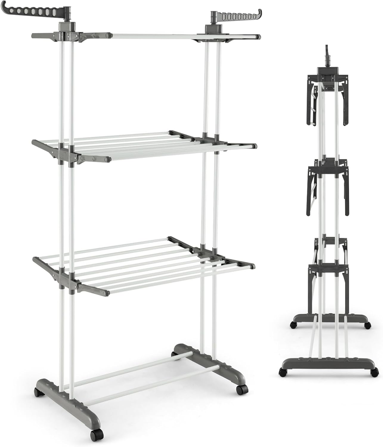 Giantex Foldable Clothes Drying Rack, Oversized 4-Tier Collapsible Laundry Rack w/ 3 Retractable Trays, Hanger Holders, Moveable Laundry Garment Dryer Stand w/Wheels for Indoor Outdoor Use