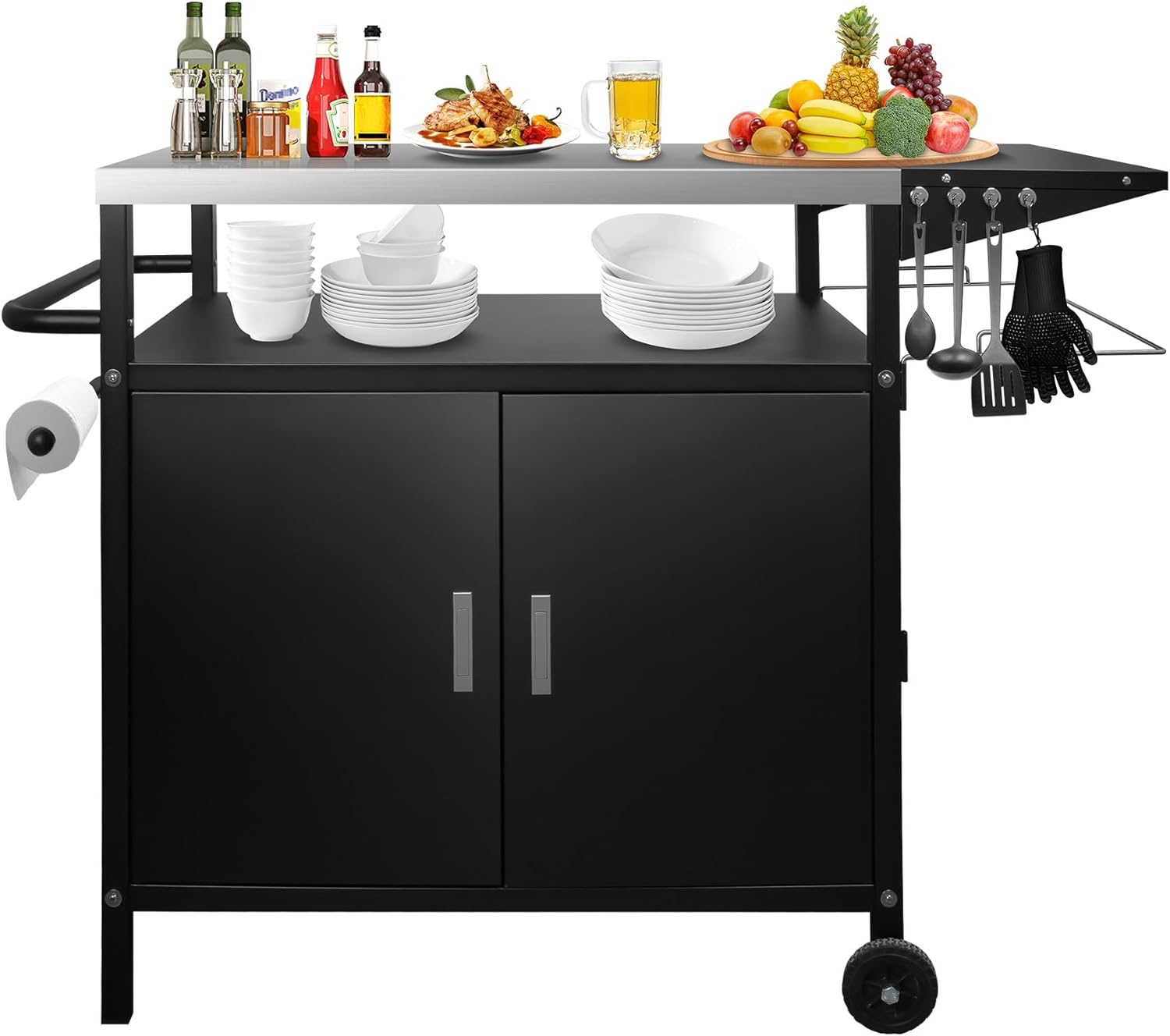 Karpevta Stainless Steel Outdoor Grill Cart- Outdoor BBQ Prep Table, Lockable Wheels & Magnetic Cabinet for Patio, Backyard, Tailgating,35