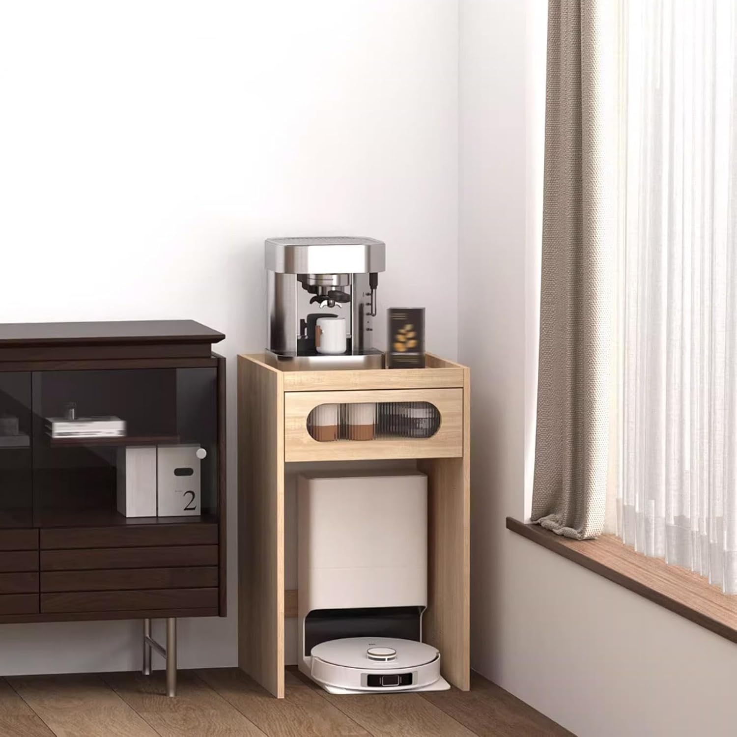Vacuum Hidden Cabinet for Sweeping, Robot Vacuum Stand Cabinet with Drawers, Robot Vacuum Hidden Storage Cabinet, Wood Sweeping Robot Storage Rack(Natural,19.6x17.7x29.5'')