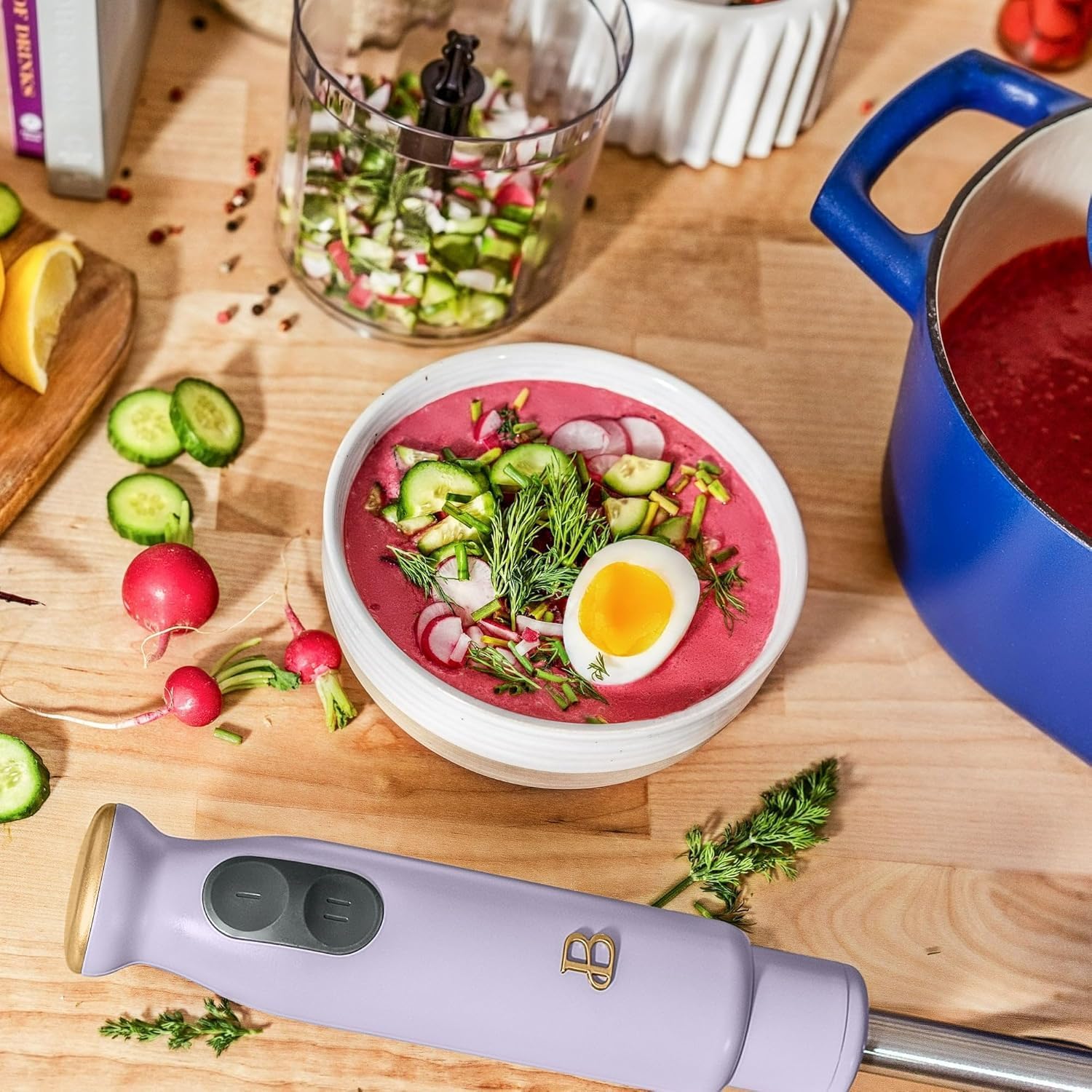 Beautiful 2-Speed Immersion Blender with Chopper & Measuring Cup, Stainless Steel Shaft, Quiet 250W Motor, Cornflower Blue Finish, Dishwasher Safe, Includes Whisk & 24 oz Beaker (Lavender)