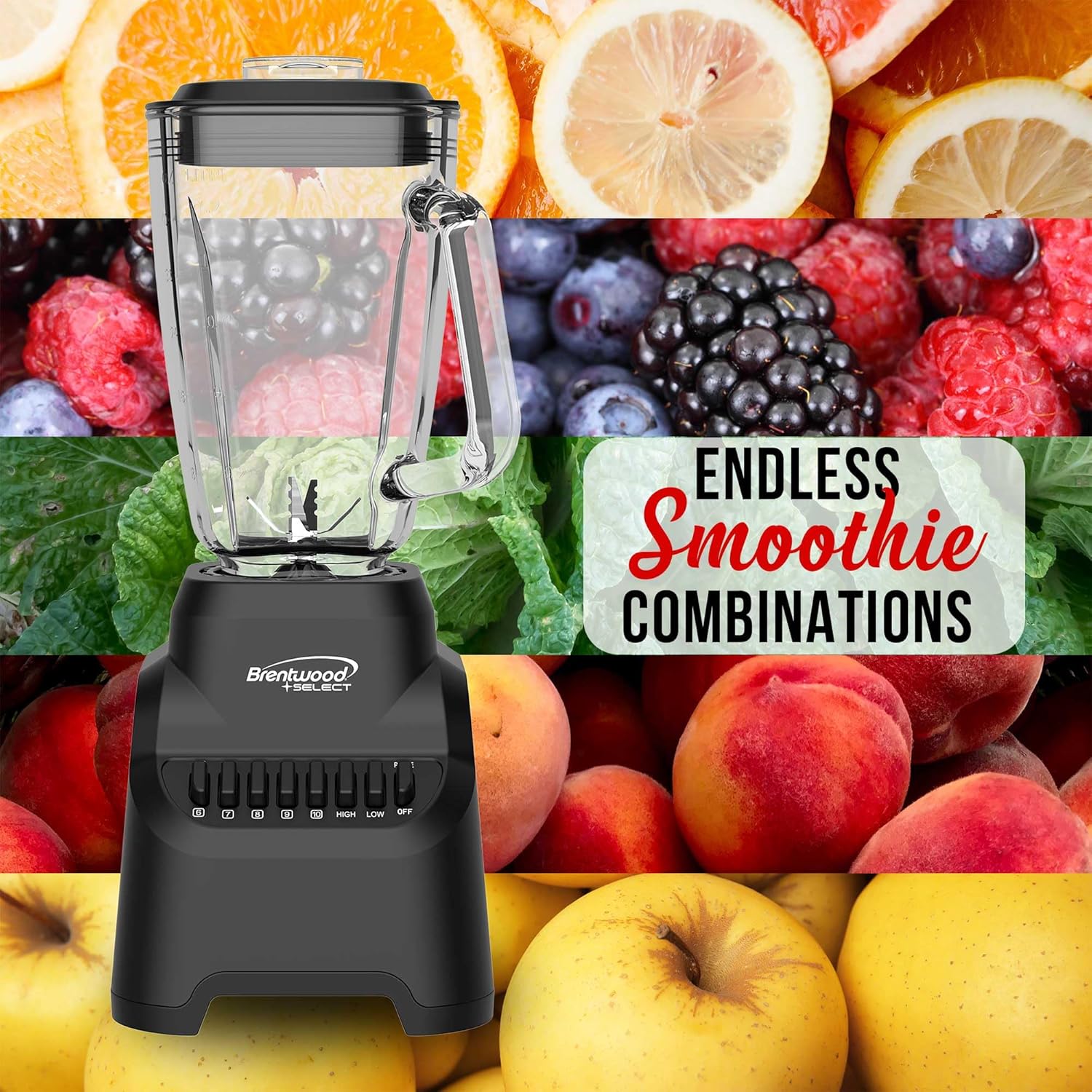 Brentwood Select JB-500BK 10-Speed Countertop Blender with Pulse Button, 5.3-Cup Glass Jar, Stainless Steel Blades, Non-Slip Base, Dishwasher-Safe Parts, Black