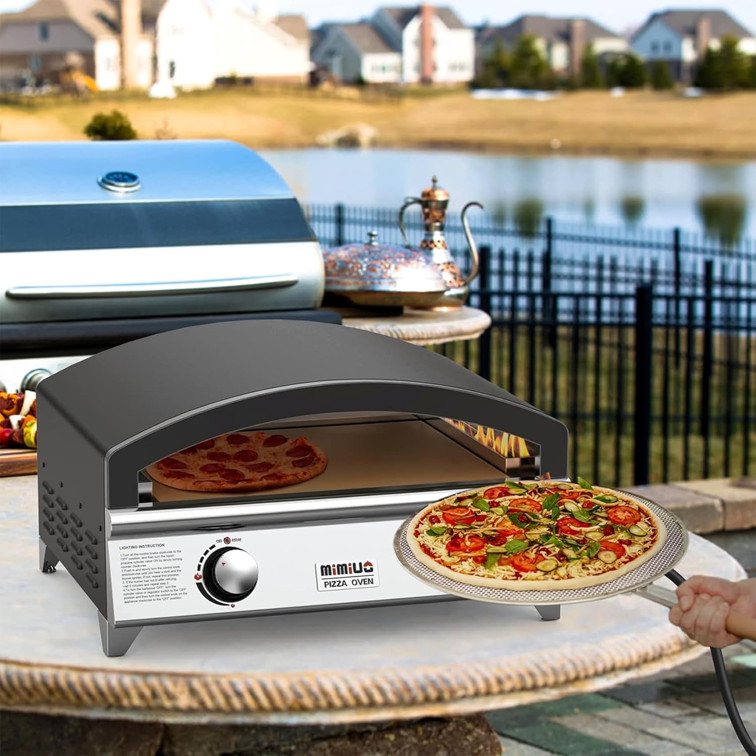 Mimiuo 25 Inch Outdoor Gas Pizza Oven, Portable Propane Pizza Oven with Large Baking Stone - Make 2 Pizzas At Once - Multifunctional Stainless Steel Grilling Stove to Cook Steak Meat Seafood