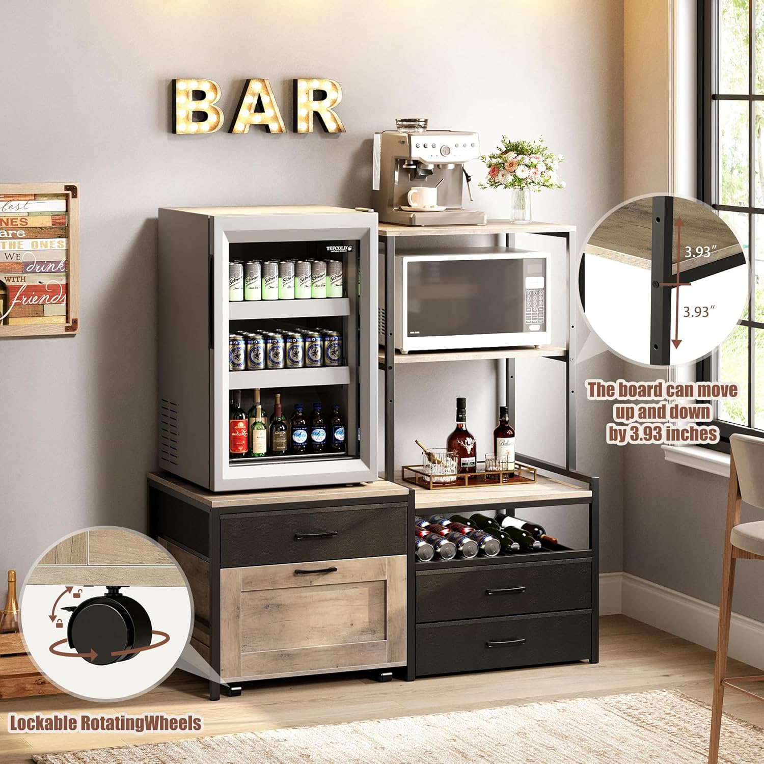 Mini Fridge Stand with Wine Rack, Kitchen Bakers Rack with Power Outlet, Microwave Oven Stand, Coffee Bar, Movable Drawers, for Dorm,Office, Grey HB04BXZ