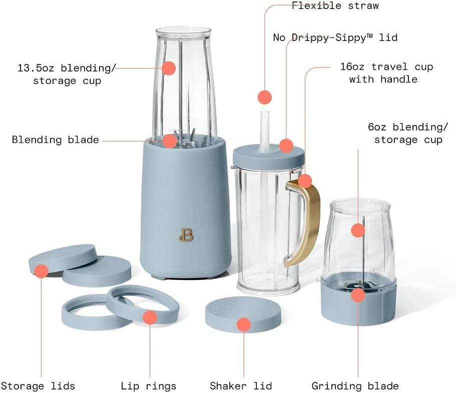 Beautiful Personal Blender Set with 12 Pieces, 240 W, Cornflower Blue by Drew Barrymore