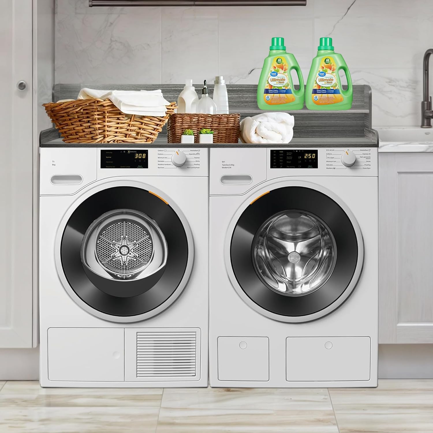 Royxen Laundry Countertop with 2-Tier Shelf Universal Fit, Washer and Dryer Countertop with Storage Space, Shelf Height 11.5 Inches, Solid Wood Core, Eucalyptus