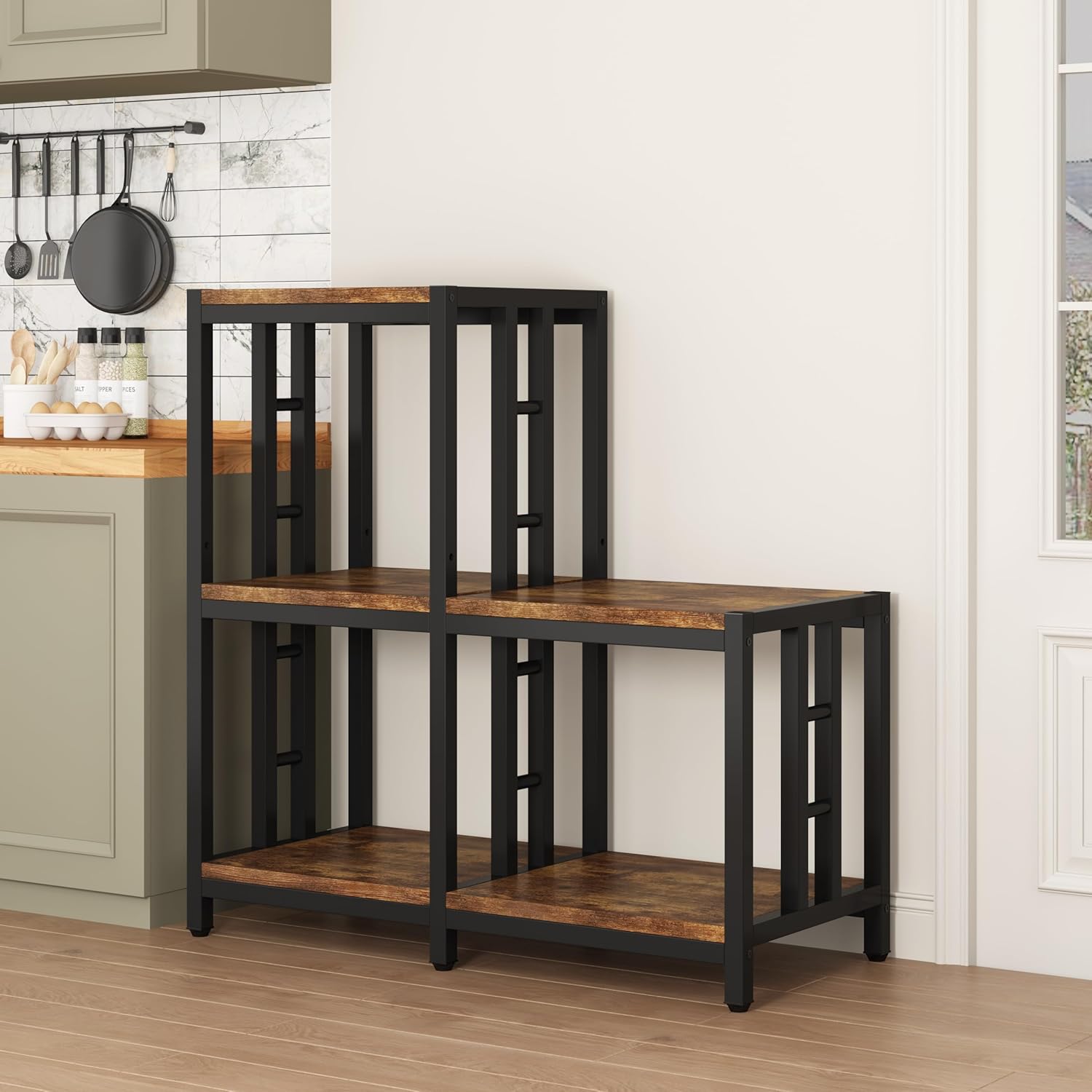 5-Tier Mini Fridge Stand with Storage, Vintage Brown Bakers Rack and Microwave Oven Stand, Kitchen Mini Fridge Cabinet with Shelves, Coffee Bar Organizer for Home, Office, Dorm