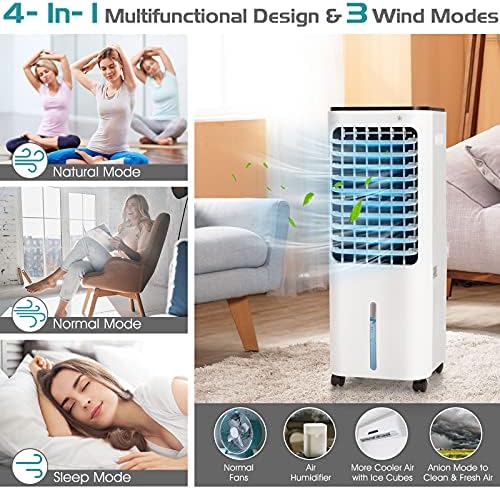 KOTEK 4 in 1 Evaporative Air Cooler W/Fan, Humidifier, Purifier, Cooling, Portable Cooler Fan W/ 4 Modes, 3 Speeds, 120° Oscillation, 0-7.5H Timer, 12L Watertank, Remote Control, 4 Icebox