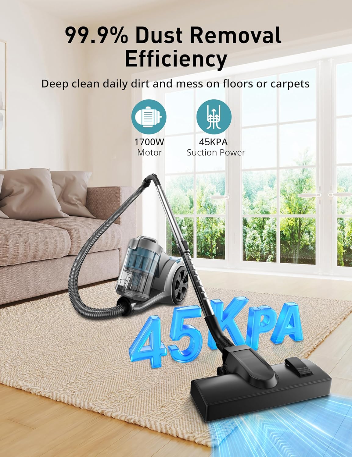 Aspiron 1700W Canister Vacuum Cleaner, 45Kpa Bagless Vacuum Cleaner, Multi-Cyclonic Filtration, 2 Anti-Allergen HEPA Filters, 3.5QT Dust Cup, 4 Tools, Corded Vacuum for Hard Floor, Pet Hair, Teal