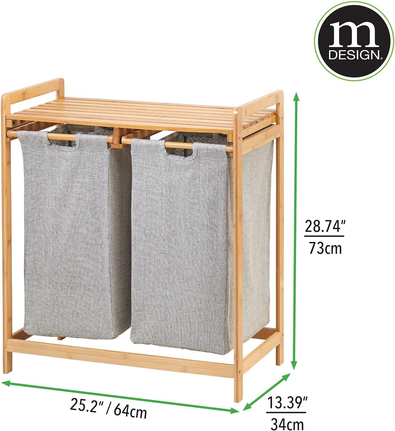 mDesign Freestanding Bamboo 2 Section Double Laundry Organizer Hamper with Removable Storage Sorter Bags, Space-Saving Basket Duo with Handles for Clothes/Linens - Echo Collection - Natural/Tan