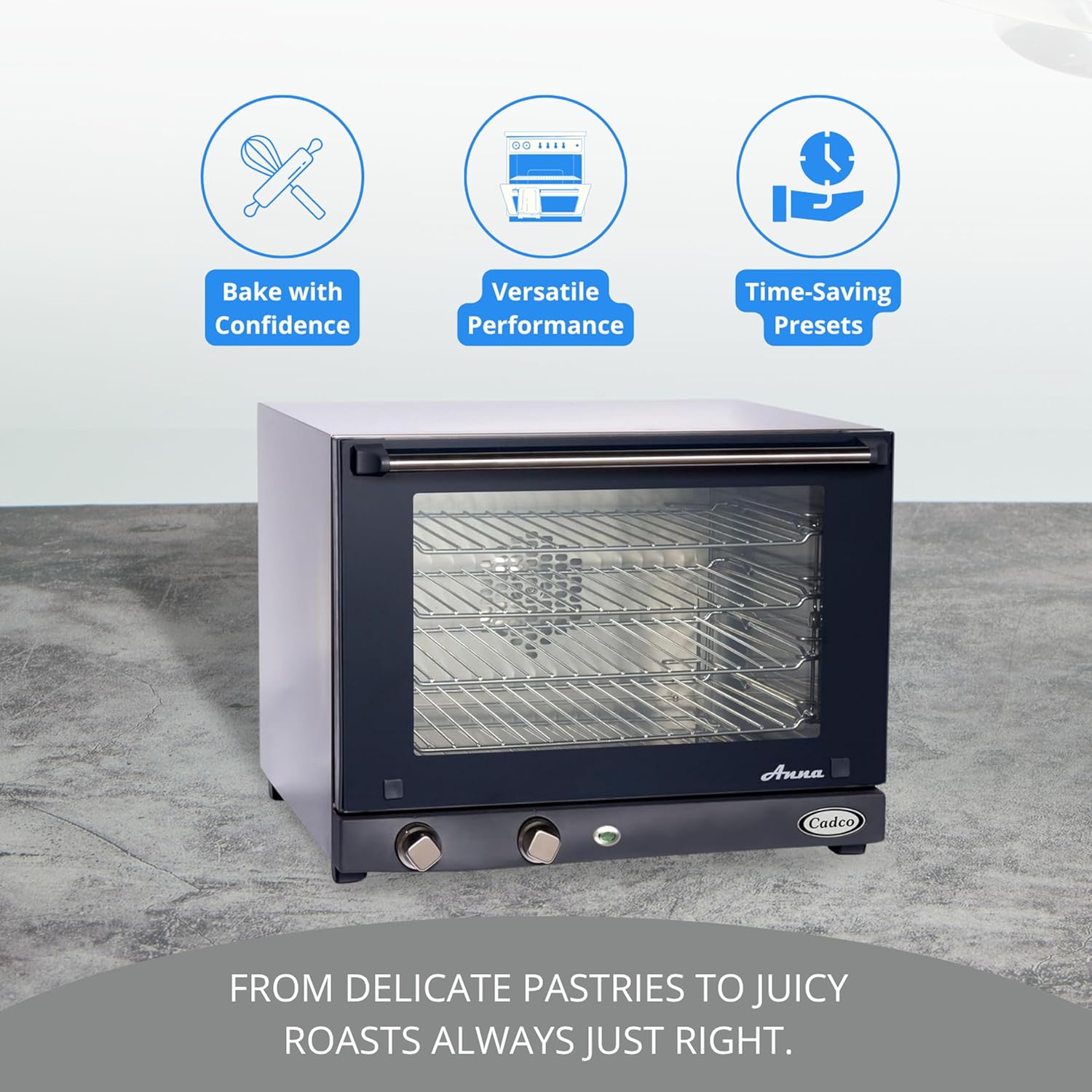 Cadco OV-023 Compact Half Size Convection Oven with Manual Controls, 208-240-Volt/2700-Watt, Stainless/Black, For Commercial Use, 120 lbs.