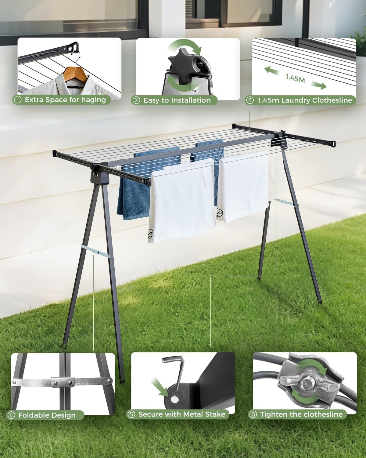 JS HANGER A Shape Clothes Drying Rack Folding Outdoor Clothesline, Heavy Duty Stainless Steel Laundry Drying Rack, Foldable Portable Clothing Dryer 46 Feet
