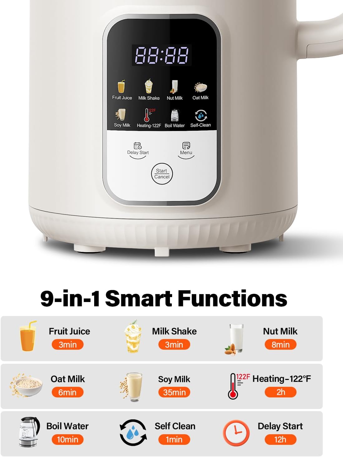 GDOR 35oz Nut Milk Maker, 9-in-1 Plant Milk Machine for Homemade Almond/Oat/Soy, Juice & Smoothie, Blender with 12 Stainless Steel Blades, Keep Warm, 12H Delay, Boil Water and Self-Cleaning