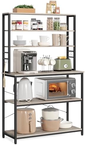 VASAGLE Coffee Bar, 39.4 Inches Baker's Rack for Kitchen with Storage, 6-Tier Kitchen Shelves with 6 Hooks, Microwave Stand, Industrial, Heather Greige and Ink Black UKKS039K02