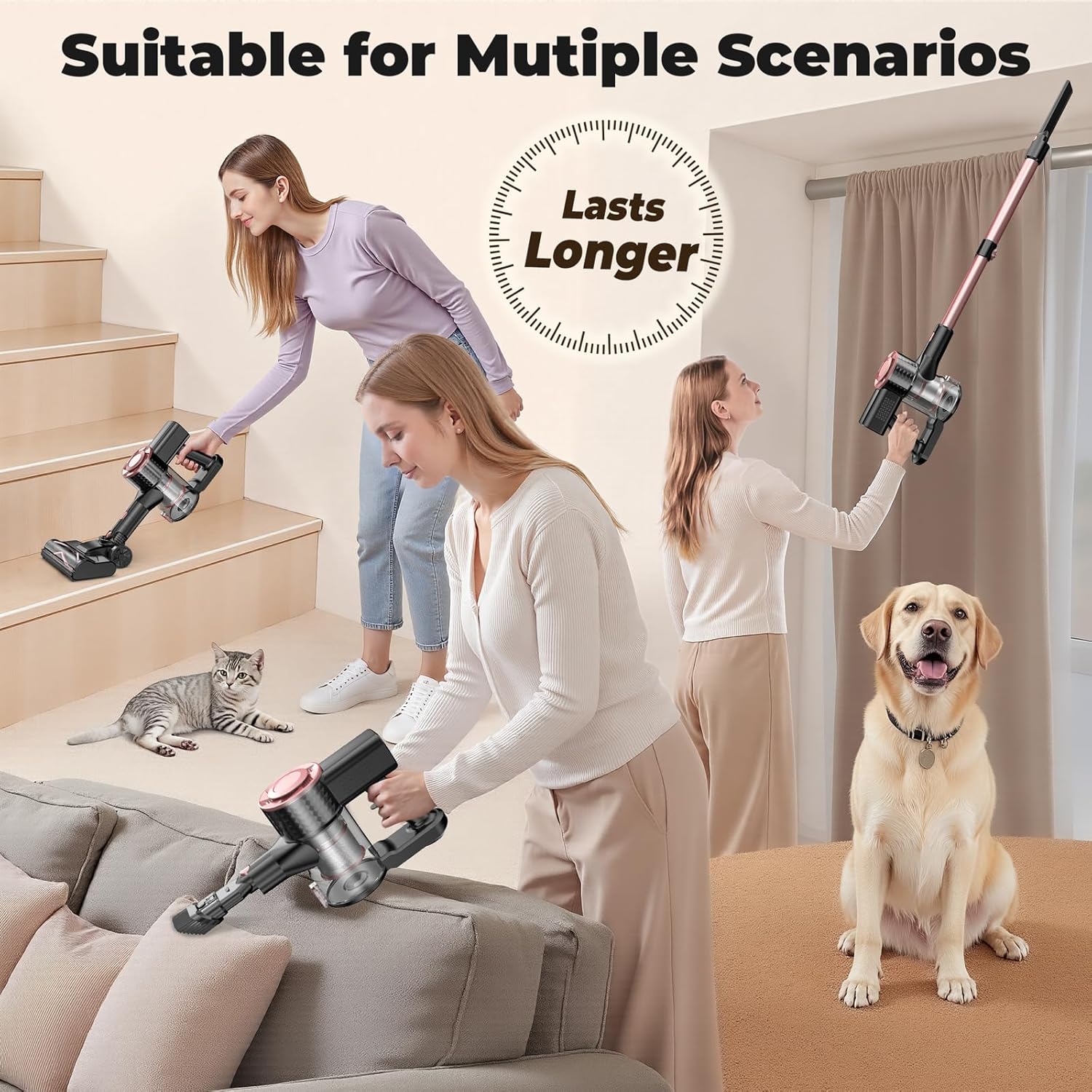 Cordless Vacuum Cleaner, Powerful Lightweight Stick Vacuum with Self-Standing, Anti-Tangle, 8-in-1 Rechargeable Vacuum Cleaners for Home, Hardwood Floors, Carpet, Pet Hair (Pink)