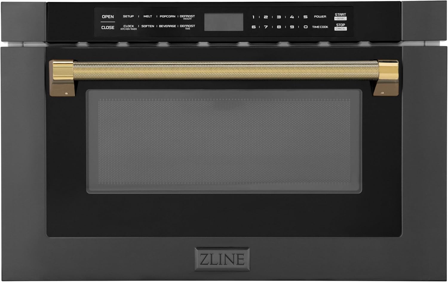 ZLINE Autograph Edition 24 in. 1.2 cu. ft. Built-in Microwave Drawer in Black Stainless Steel and Polished Gold Helix Handle (MWDZ-1-BS-H-KG)