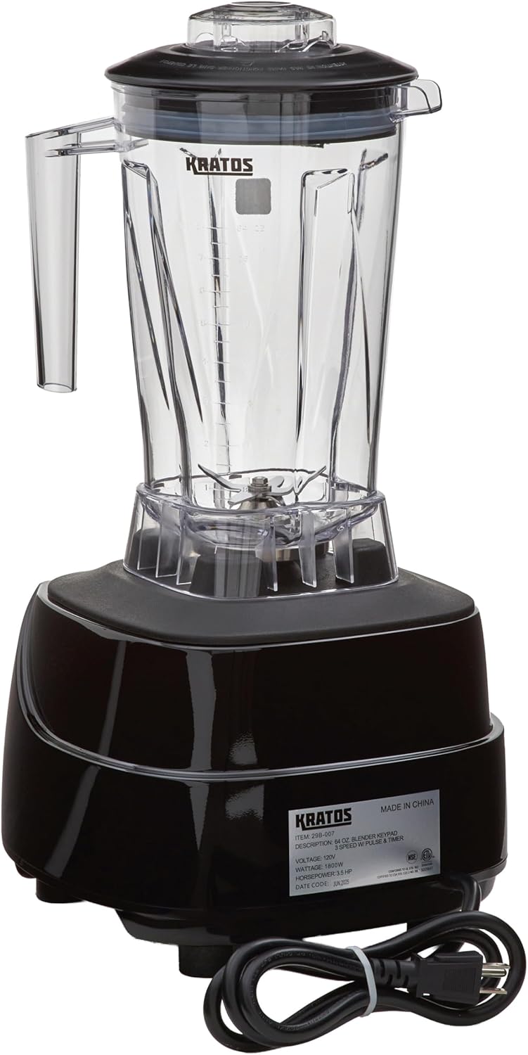 Kratos Commercial 3.5HP Blender, Touchpad Controls with Timer, Pulse Feature, 64 oz. Jar, 120V, 1800W, NEMA 5-15P Plug, Black Countertop Professional Blender (29B-007)