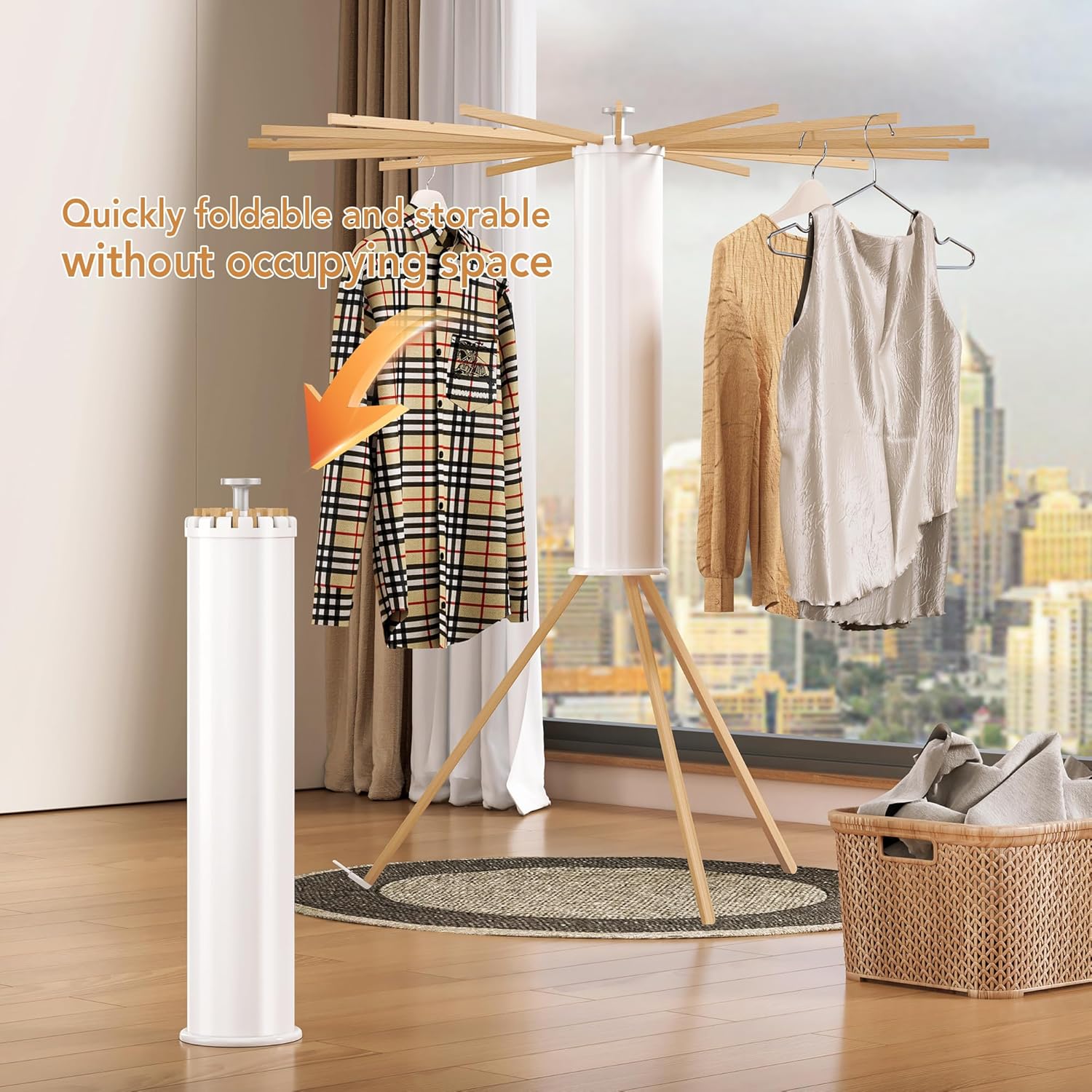 Foldable Tripod Clothes Drying Rack,Beechwood & Portable Laundry Stand, Space-Saving Collapsible Hanger with 16 Arms for Indoor & Outdoor Drying – Easy Setup, Stable Base, Fast Air-Drying Design