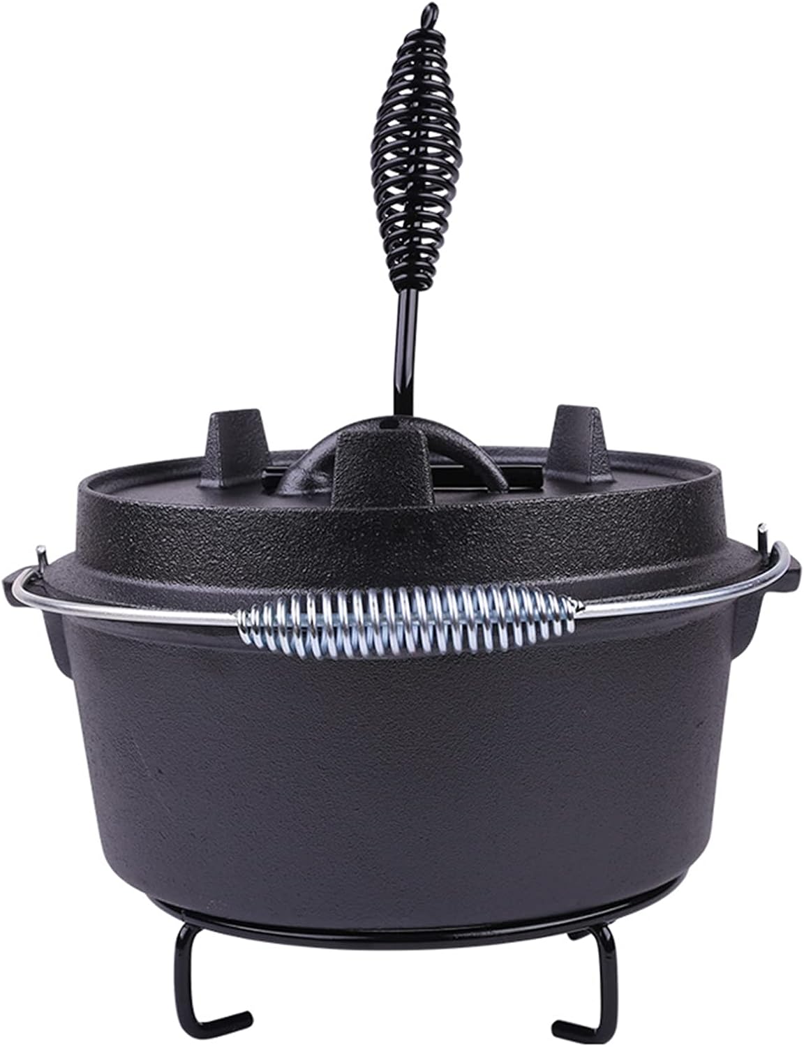 AIZYR Pre-Seasoned Cast Iron Dutch Oven - Outdoor Deep Camp Pot with Lid and Lid Lifter Tool for Campfire or Fireplace Cooking