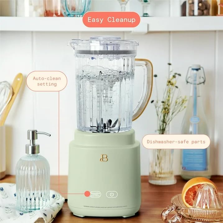Beautiful PowerExact Blender System, Sage Green Icing by Drew Barrymore – 700 W Motor, PrecisionSense, Touch Display, 50 oz Tritan Pitcher + 20 oz Cup with No-Drippy Sippy Lid (White)