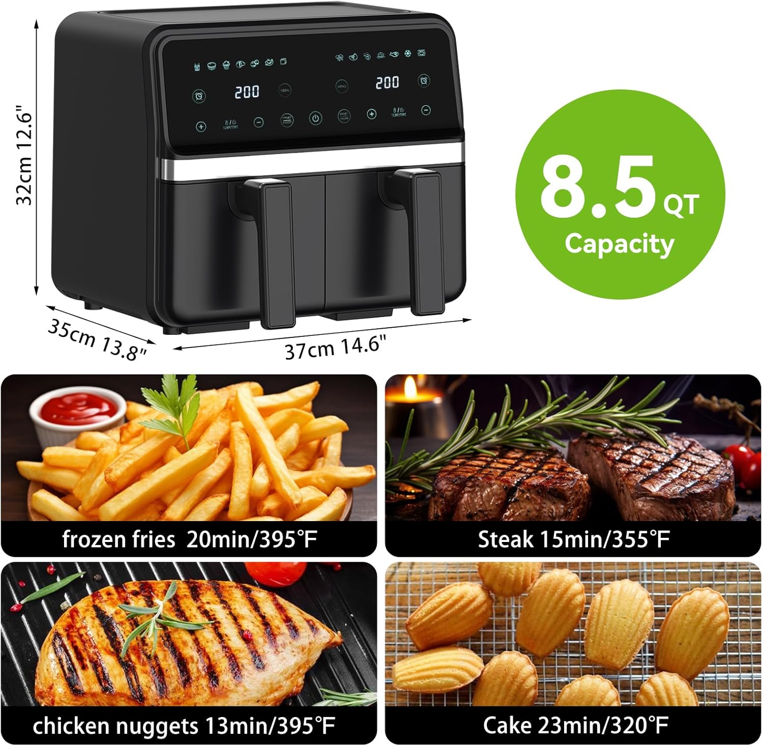 8 Quart Dual Basket Air Fryer - Digital Touchscreen, Smart Sync Finish,Auto Shutoff, 2 Independent 4QT Nonstick Dishwasher-Safe Frying Baskets - Digital Double Air Fryer