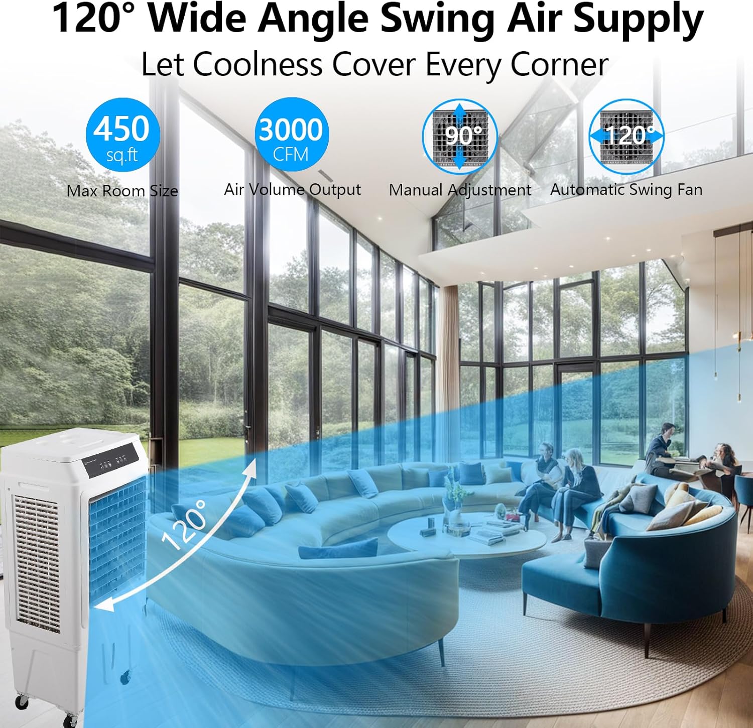 3000CFM Swamp Cooler, Evaporative Air Cooler with Remote Control and 12H Timer, 4 Ice Packs, 3 Modes & Wind Speeds for Outdoor Indoor Use, 10.3 Gallon