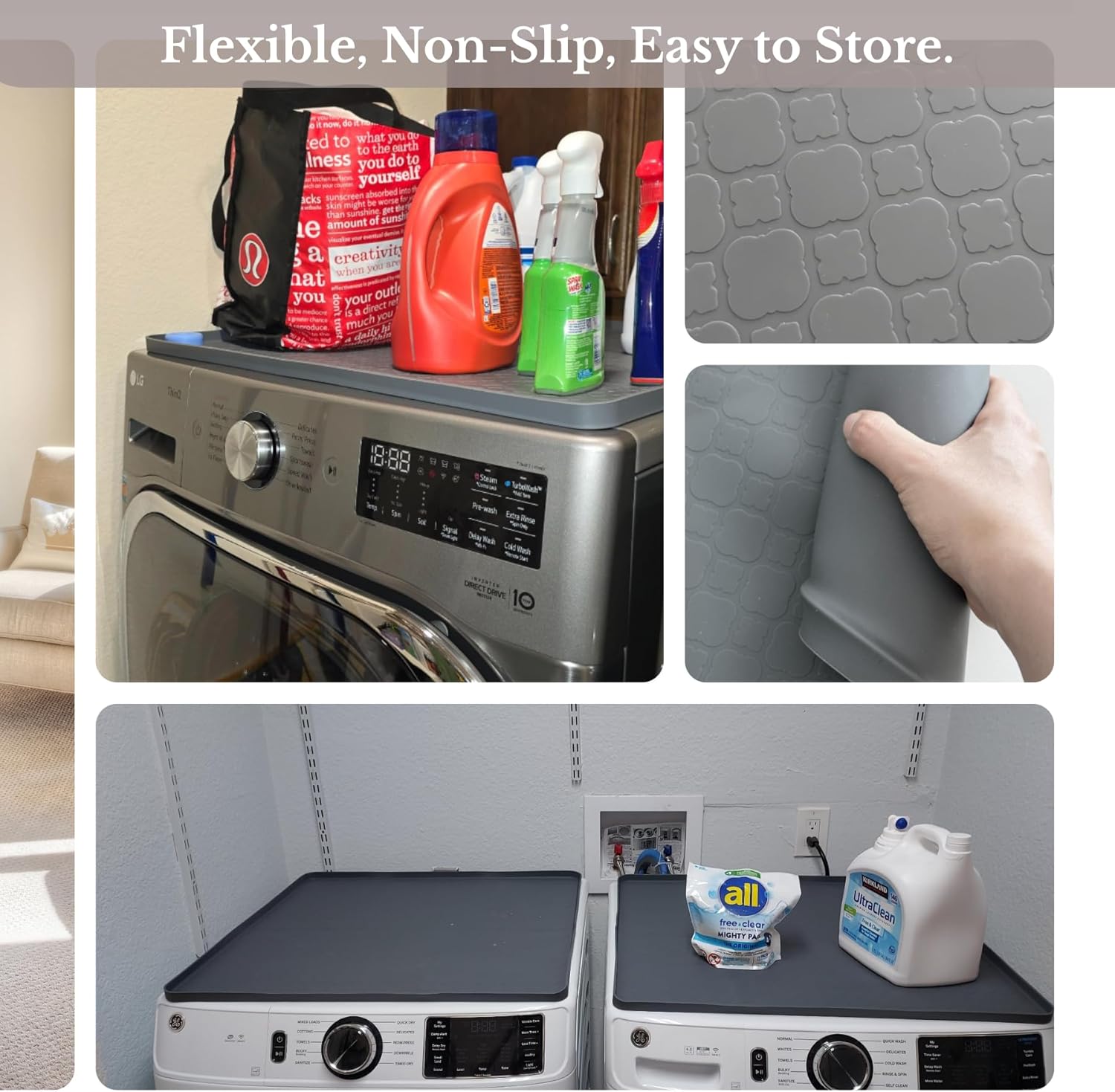 Washer and Dryer Covers for the Top - 27''x 27'' Silicone Protector Mat for Washing Machine Countertop - Non-slip Rubber Waterproof Dustproof Ideal for Laundry Kitchen - Gray 2 Pack