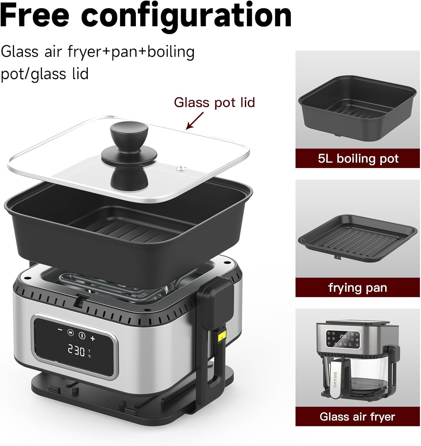 5.2QT 5-in-1 Multifunction Air Fryer with Removable Grill Pan, See-Through Window & Touchscreen, Air Fryer Oven for Grilling Steaks, Boiling, Stewing, Roasting, Baking, Turbo Crisp Technology