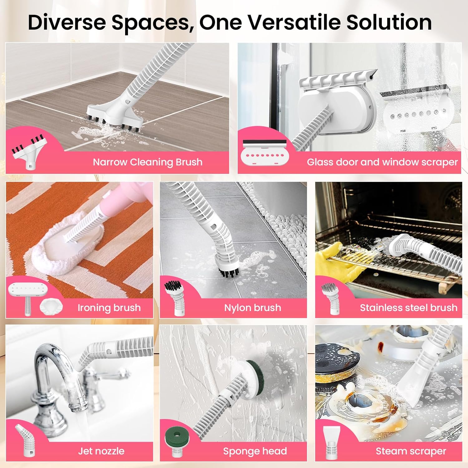 Z7 Steam Mop for Floor Cleaning, 13-in-1 Handheld Steam Cleaner for Home Tile Grout Hardwood Laminate Furniture Couch Clothes Carpet, Multi-Purpose Floor Steamer Machine, Corded (Pink)