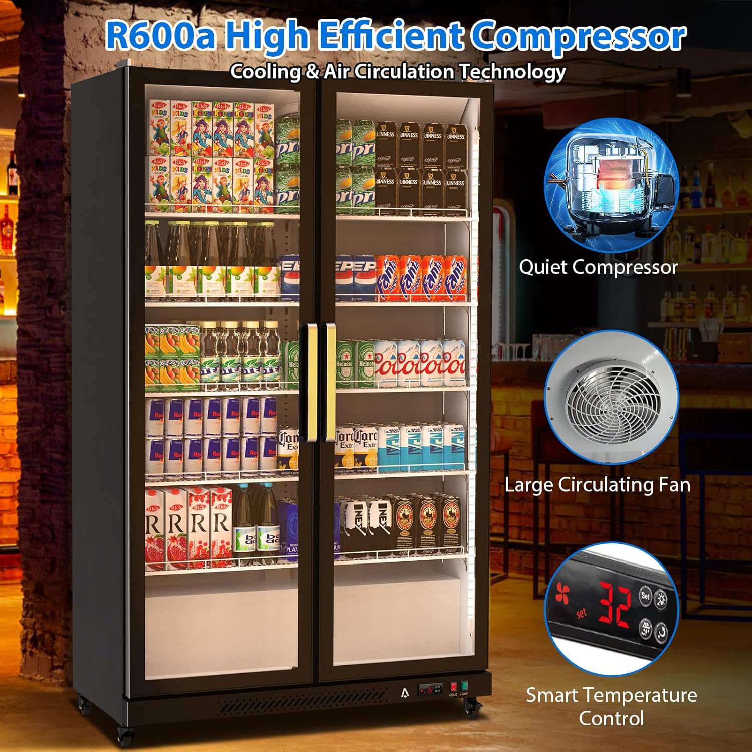 27.1 Cu.Ft Commercial Display Refrigerator Merchandiser, Glass Door Display Refrigerator with LED Light, 10 Adjustable Shelves, Beverage Cooler for Cafe Restaurant Store Bar