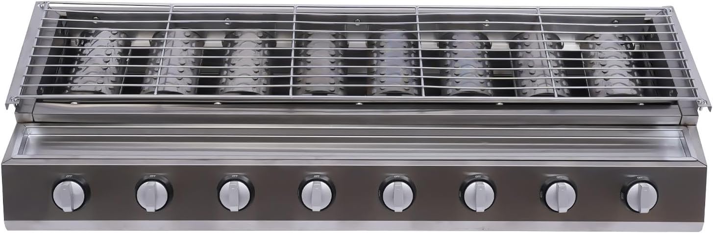 8 Burner BBQ Gas Grill, Stainless Steel LPG Propane Indoor Steak Grill Countertop Flat Top Griddle Tabletop Patio Garden Barbecue Grill with Removable Grill Net for Kitchen, Height Adjustable