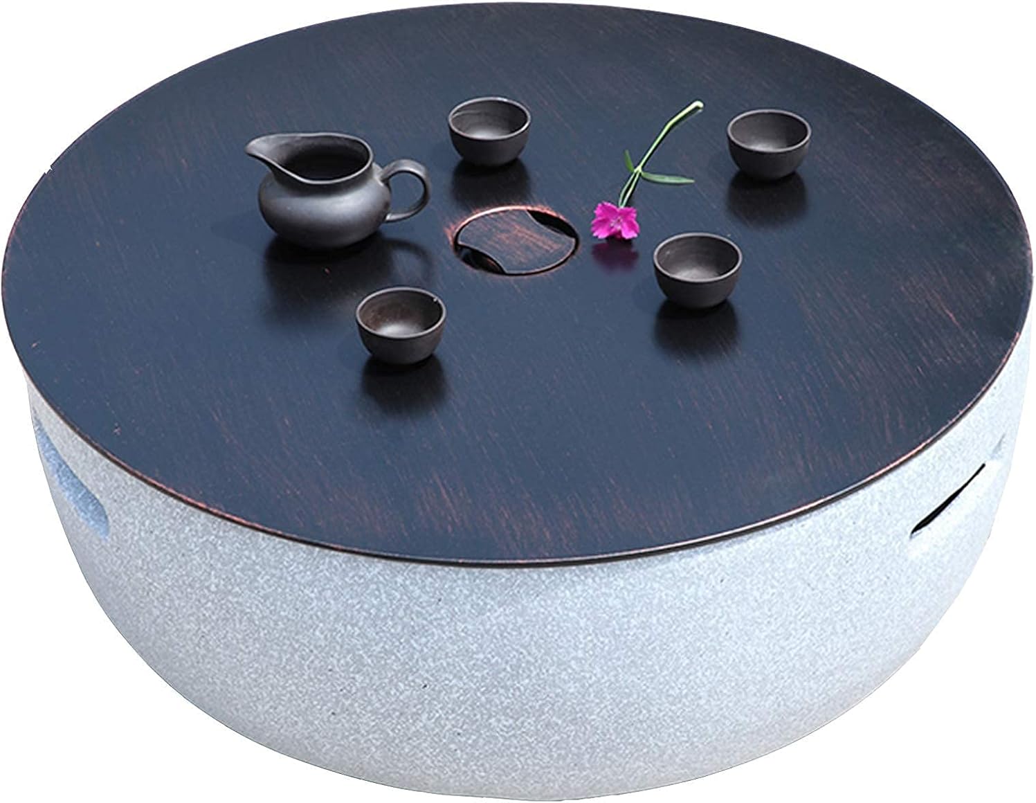 Outdoor Fire Pit, Concrete Round Firepit Charcoal and Wood Burning Firepit Bowl Bonfire with Spark Screen, Grate, and BBQ Grill, for Outdoor Patio Garden Backyard Decking