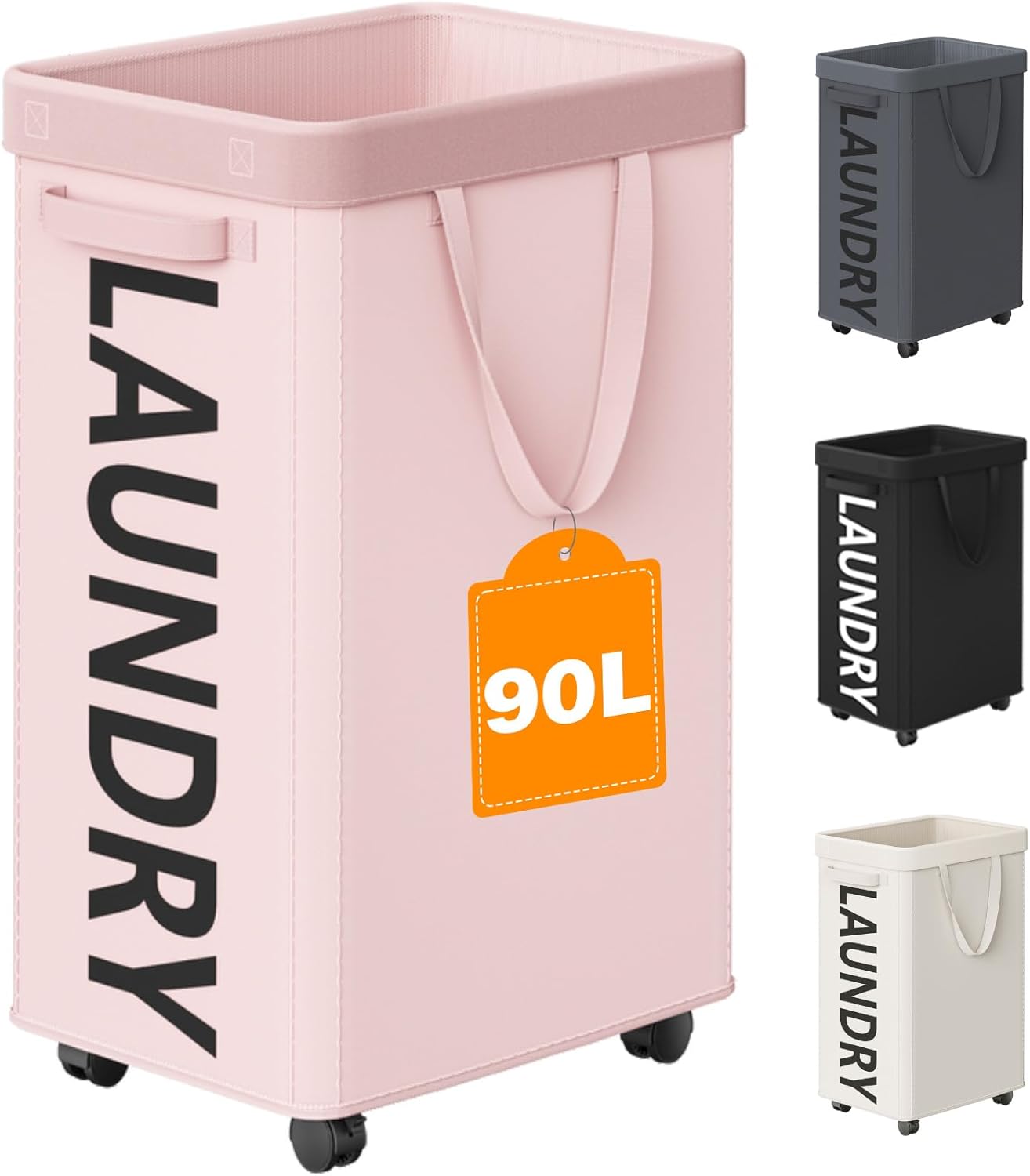 Pink Laundry Basket with Wheels, 90L Rolling Laundry Hamper with Wheels, Nursery Hamper on Wheel with Removable Mesh Bag for Clothes, Bedroom, Bathroom, Dorm