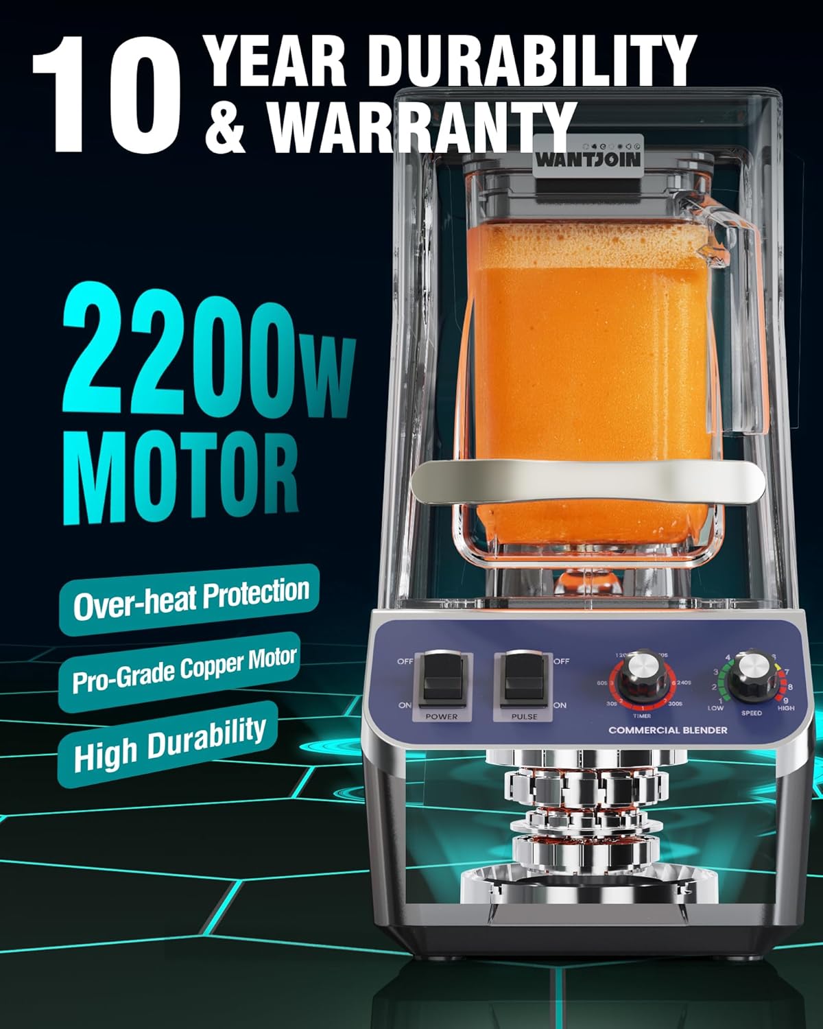 WantJoin Commercial Blender- 68Oz Professional Quiet Smoothie Blender with Shield, High-speed Ice Breaker for Heavy Duty Restaurant,Blenders for Frozen Drinks Shake Juice,Dishwasher Safe 2200W