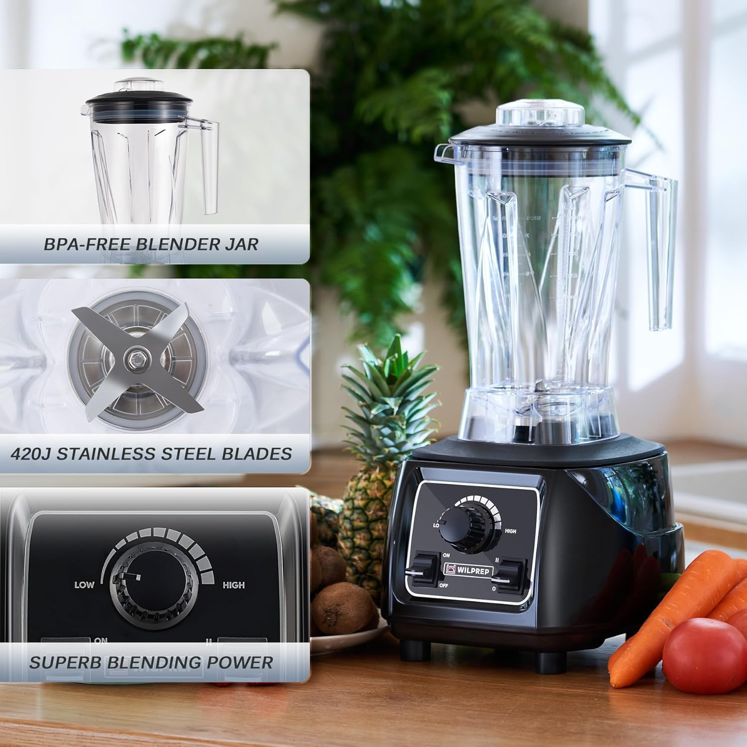 WILPREP Commercial Blender with 64 oz Jar, 3.5HP Motor, Stepless Control