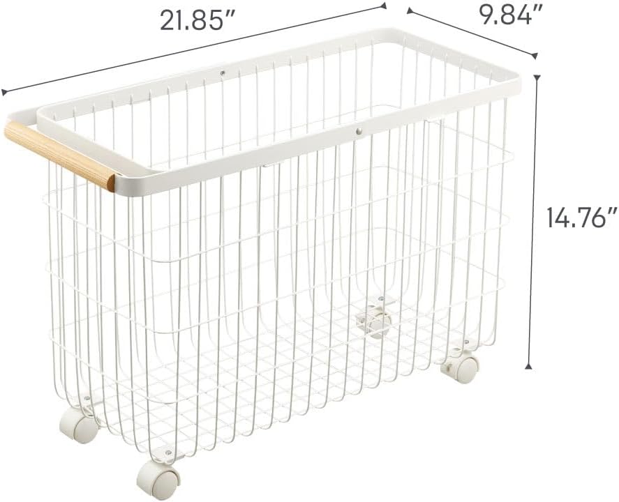 Yamazaki Home Tosca Compact Rolling Laundry Basket Cart - Metal Hamper With Wheels And Handle For Easy Mobility - Space-Saving Storage Solution, 15