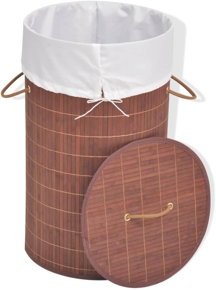 Bamboo Laundry Bin Round Brown with Removable Liner, 4-Piece Set for Home Organization and Storage, Durable Woven Polyester Fabric, Foldable and Portable Hamper Basket