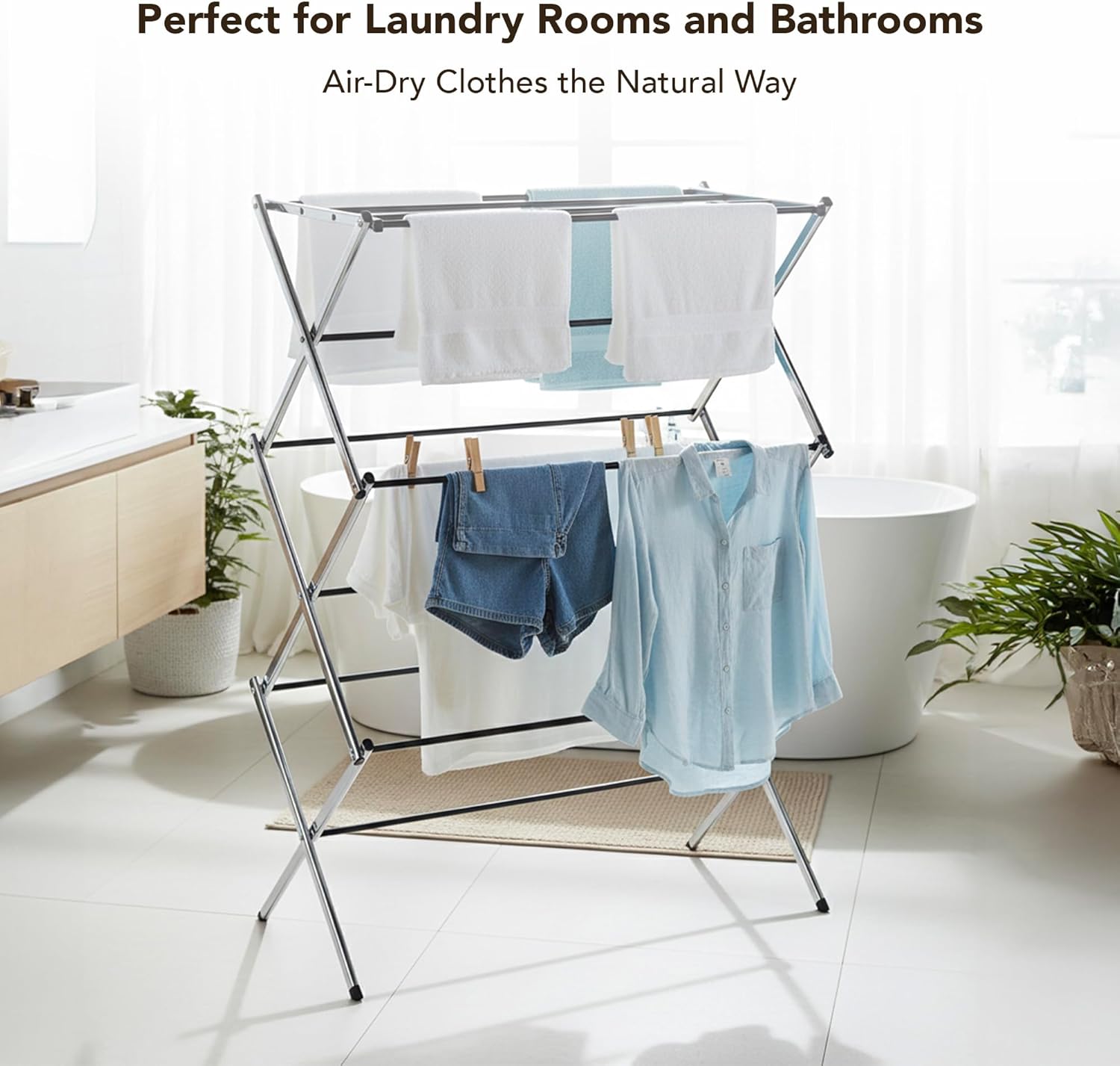 Displays By Jack Portable Collapsible Clothing Dryer Rack, Foldable Drying Rack for Clothes, Lingerie, Towels, Linens, Laundry Home Apartment Must Haves, Metal Chrome Finish