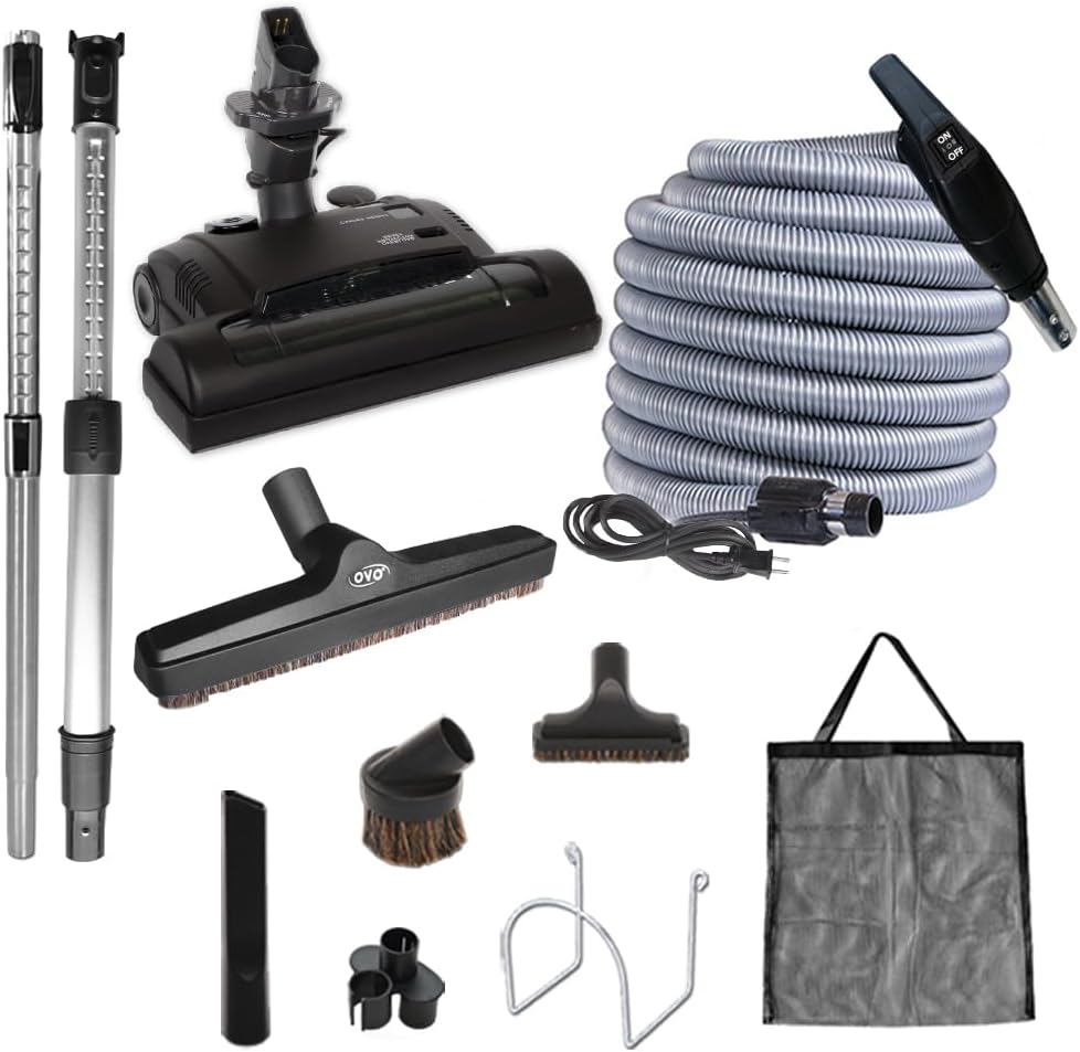 OVO Heavy Duty Powerful Central Vacuum System, Hybrid Filtration (with or Without Disposable Bags) 35L or 9.25Gal, 700 Airwatts with 35ft Carpet Deluxe Accessory Kit Included