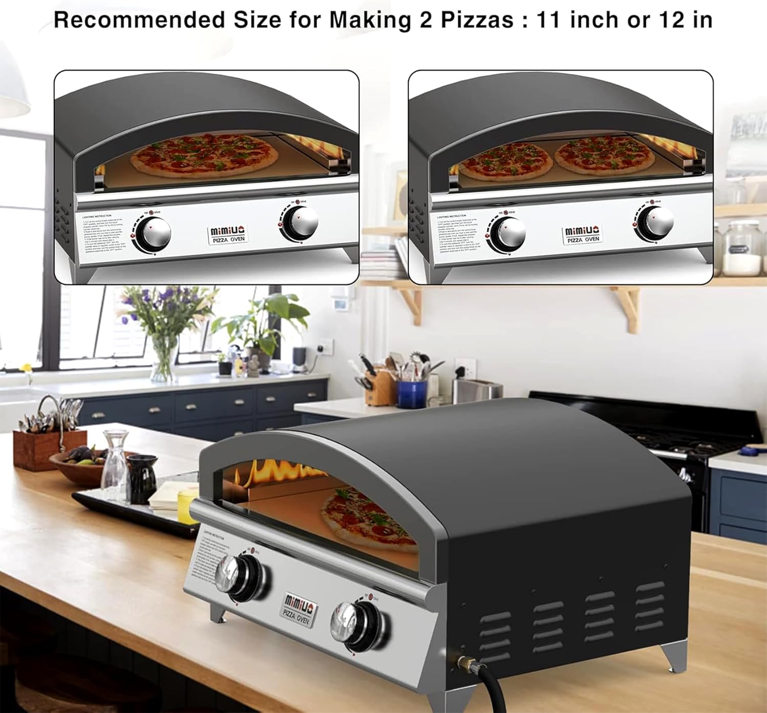 Mimiuo 25 Inch Outdoor Gas Pizza Oven, Portable Propane Pizza Oven with Large Baking Stone - Make 2 Pizzas At Once - Multifunctional Stainless Steel Grilling Stove to Cook Steak Meat Seafood