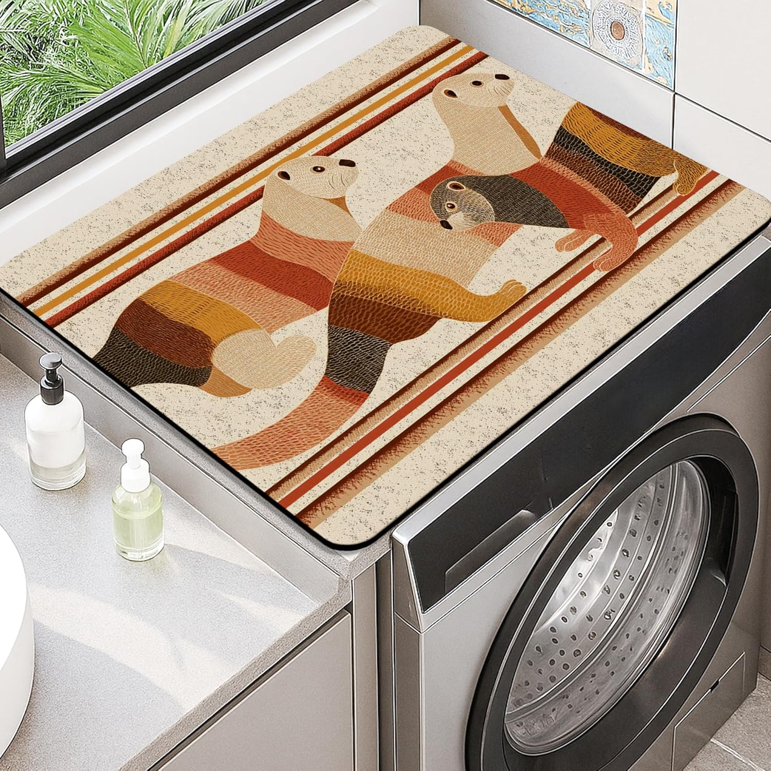 Otter Washer Dryer Top Protector Mat, Rustic Animal Patterns Laundry Machine Dust Covers, Vintage Rubber Anti-slip Waterproof Washer And Dryer Mats for Laundry Room 20x24 Inch