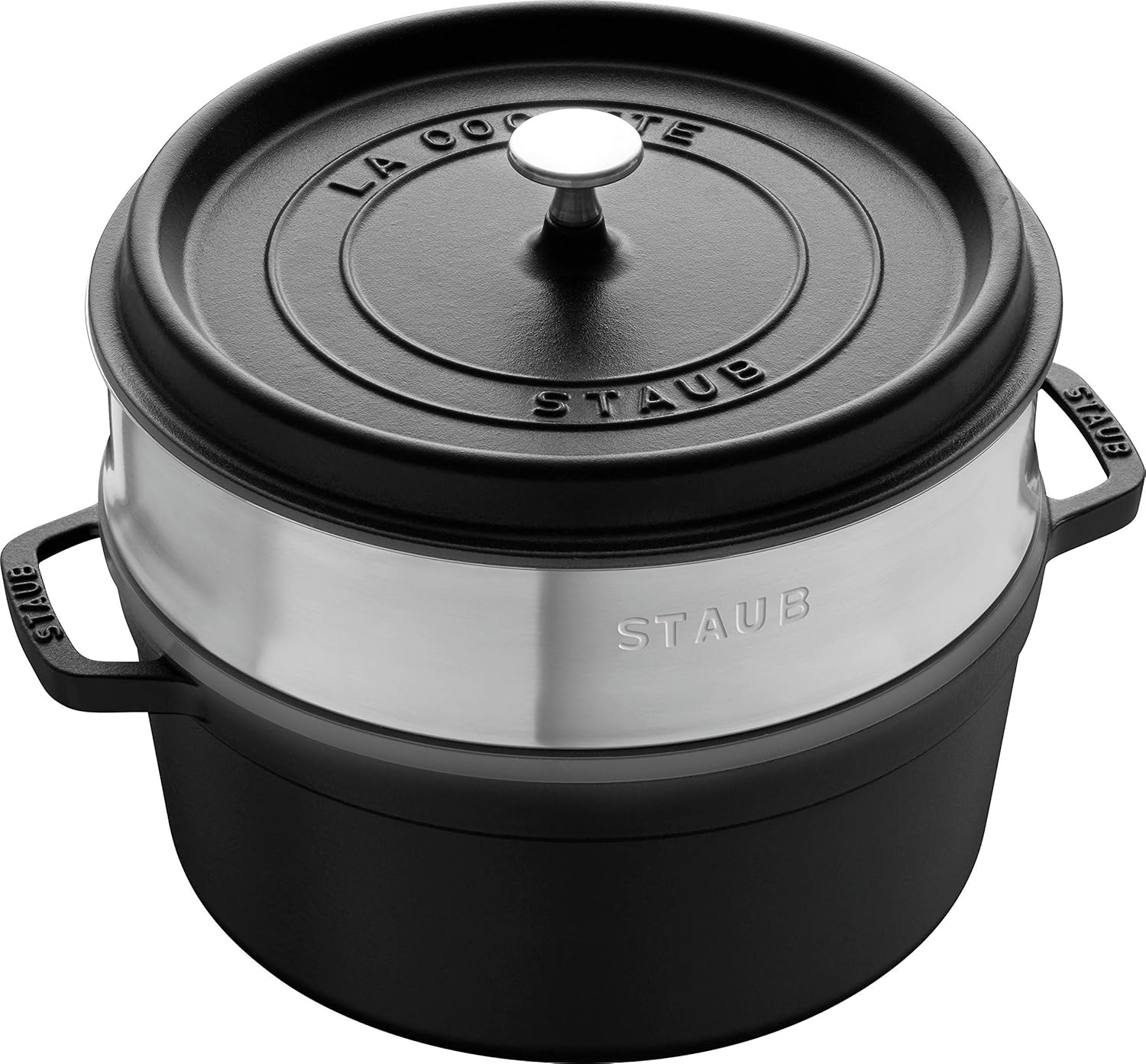 Staub 5.5 Quart Round Cocotte in Matte Black With Steamer Insert