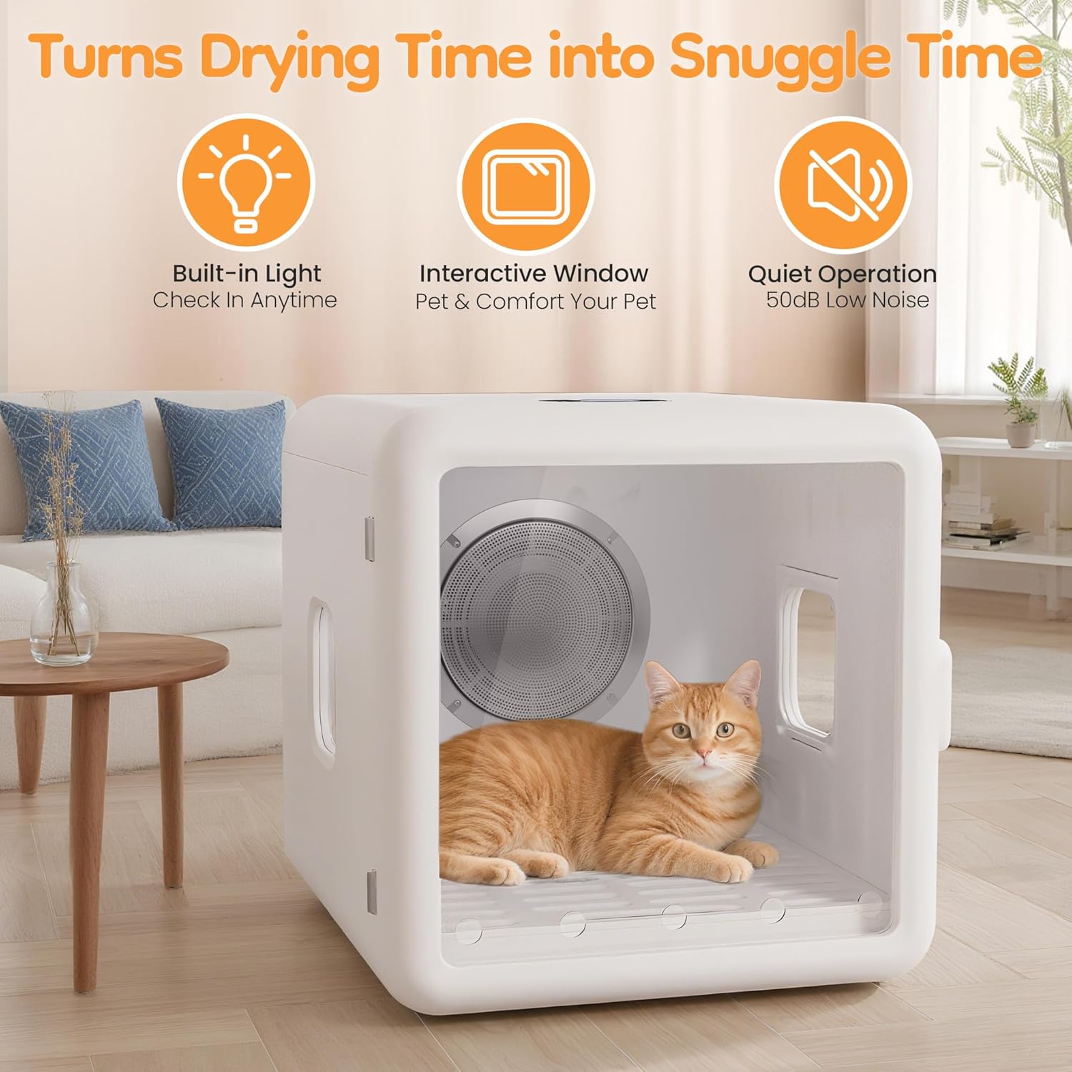 Smart Pet Dryer Box for Cats & Small Dogs: 65L Large Capacity Drying Machine, Ultra-Quiet 50dB Hair Dryer for Pets with Adjustable Temp, Portable Dog Cat Dry Box for Grooming