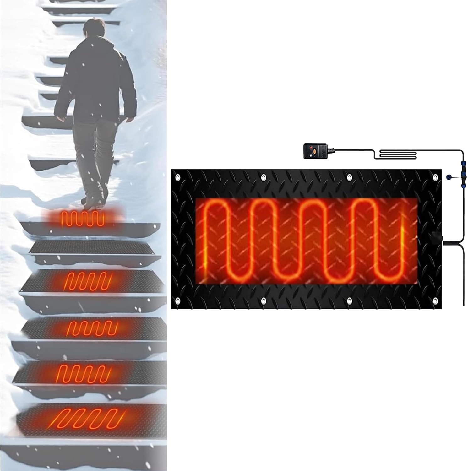 No-Slip Heated Snow Melting Mats for Stairs- Heated Outdoor Mats -3 in/h Melting Speed, Electric Snow Melting Mats w/Timer for Winter Outdoor -De-Icing Mats for Doorways Walkways(1 Pcs,10in*35.4in/25.
