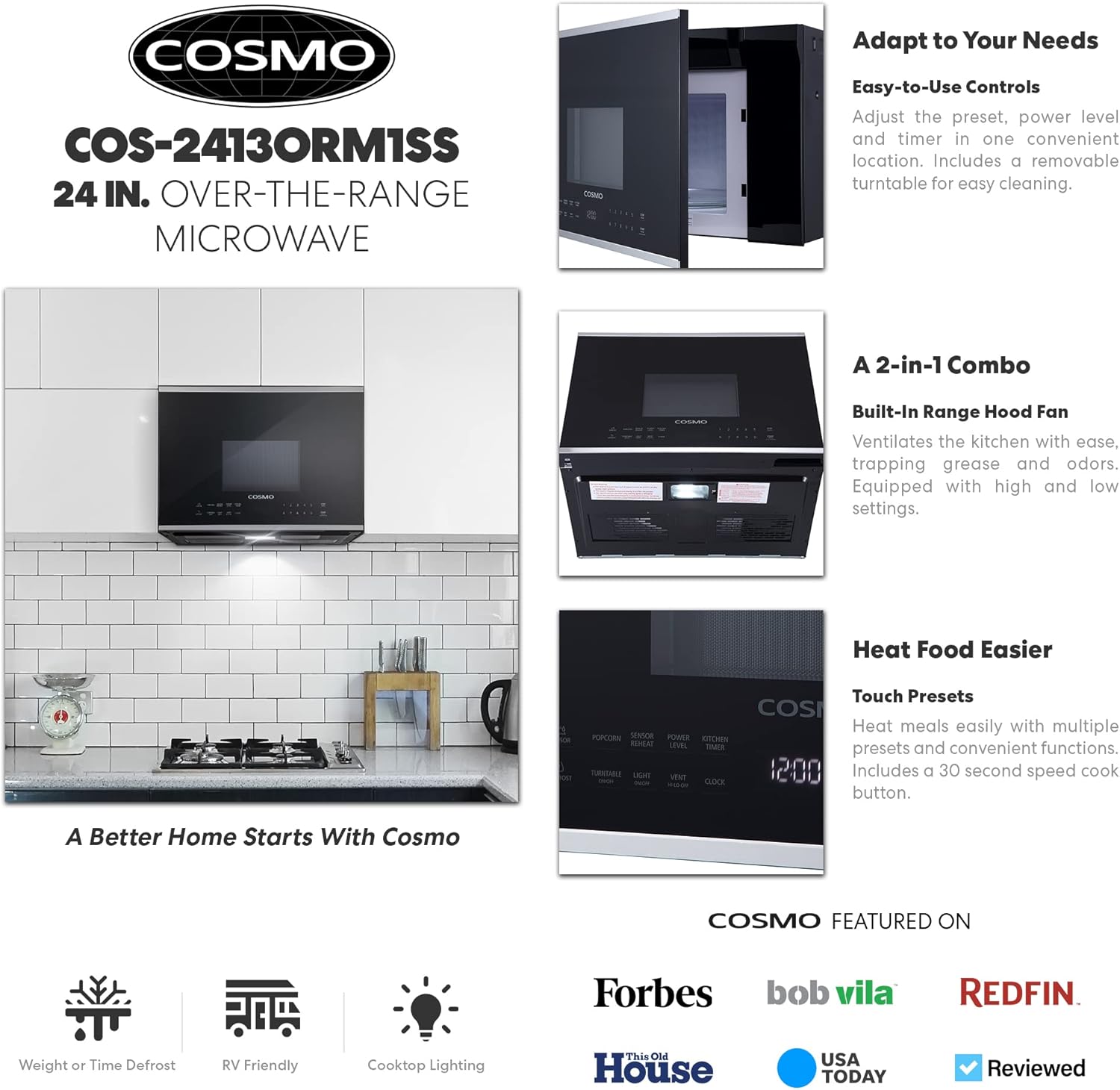COSMO COS-2413ORM1SS 24 in. Stellar Collection 1.34 cu. ft. Over the Range Microwave in Stainless Steel with Vent Fan