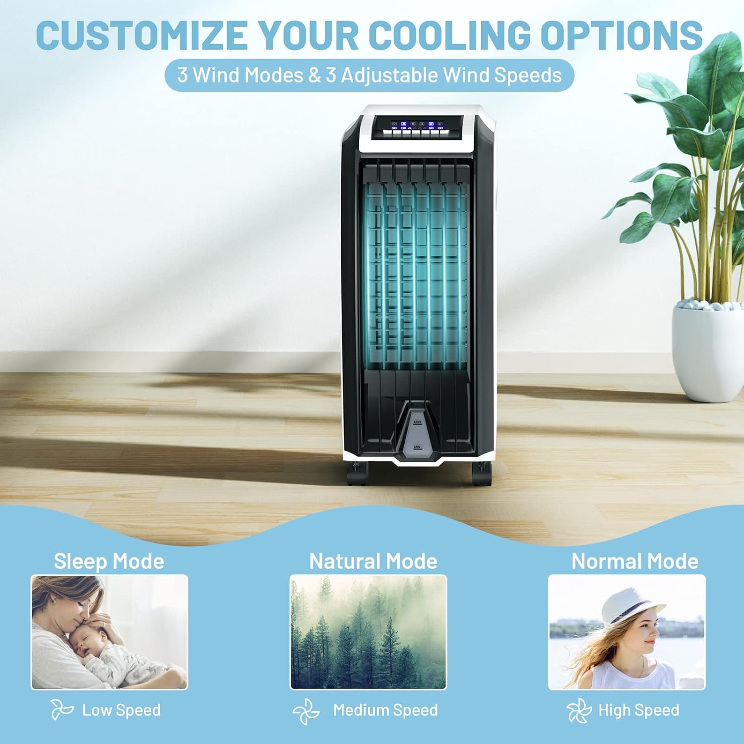 PETSITE Evaporative Air Cooler, 3-IN-1 Portable Air Cooler with Remote Control, 7.5-Hour Timer, 3 Modes, 3 Speeds, 2 Ice Packs, Swamp Cooler Air Conditioner for Bedroom, Home Office Dorms