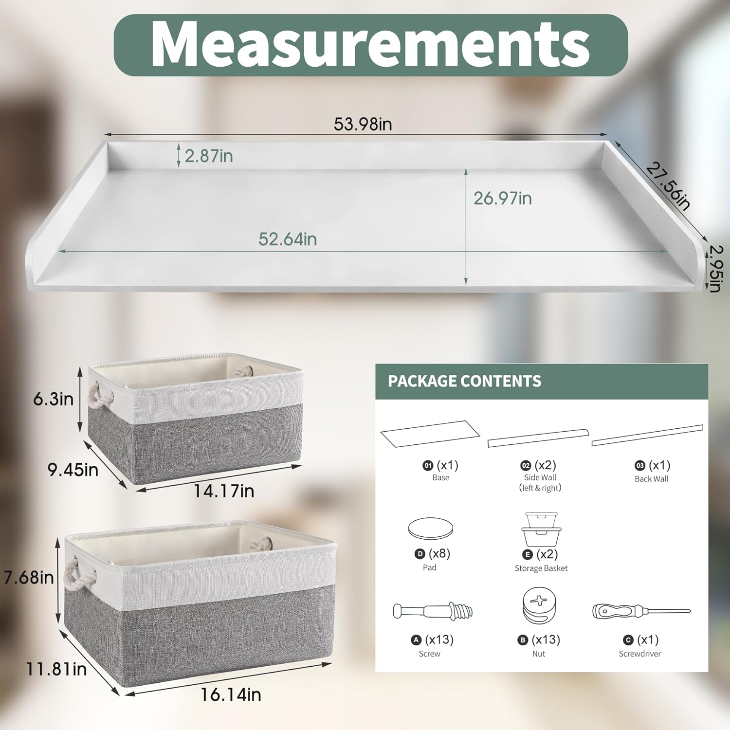 Washer Dryer Countertop with 2 Pack Storage Baskets, Wood Washer and Dryer Countertop with Non-Slip Pads/Edge Rails for Laundry Room Storage and Organization, 27.5