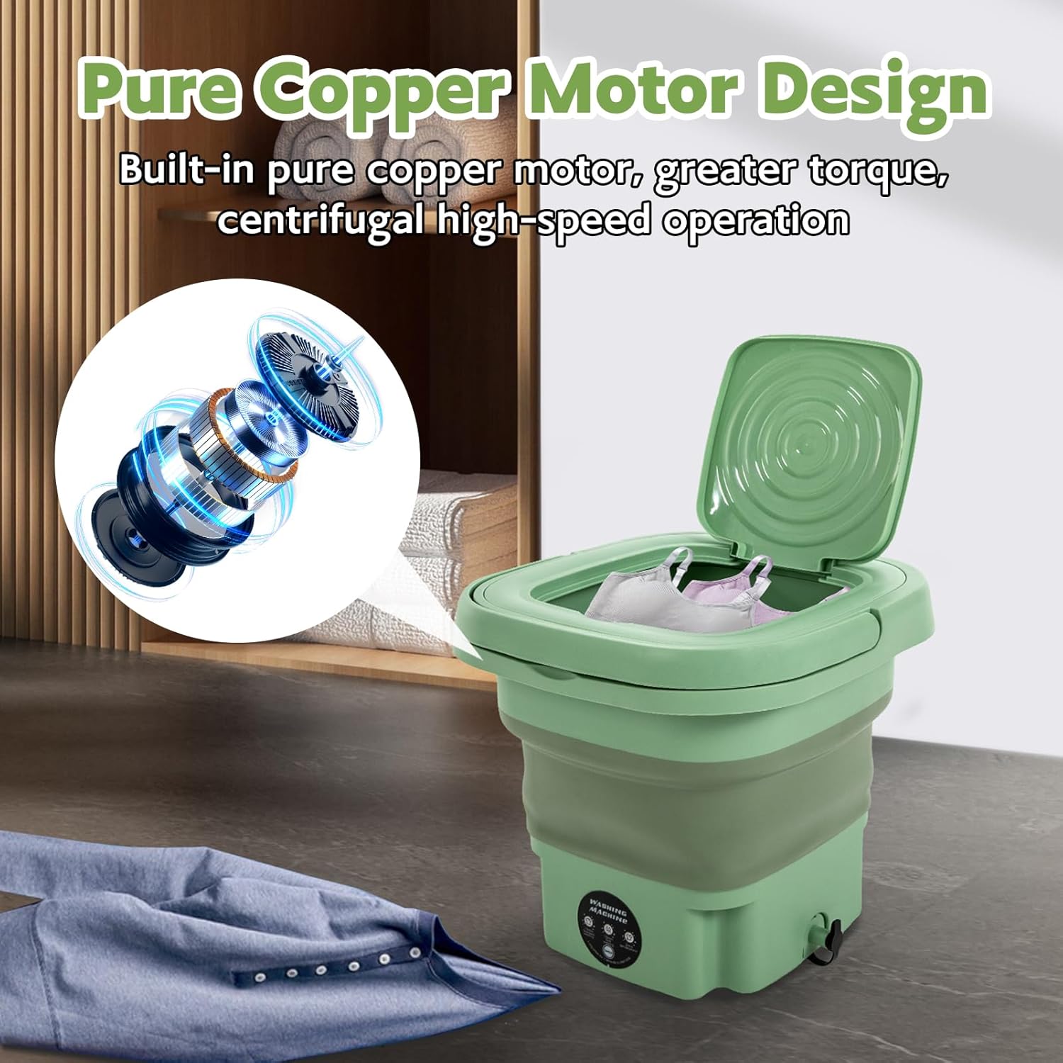 8 L Portable Mini Washing Machine, Foldable Washer and Spin Dryer with Drainage Basket, Electric Collapsible Washing Machine for Apartment Camping, RV, Travel, Underwear, Socks (Mint Green)